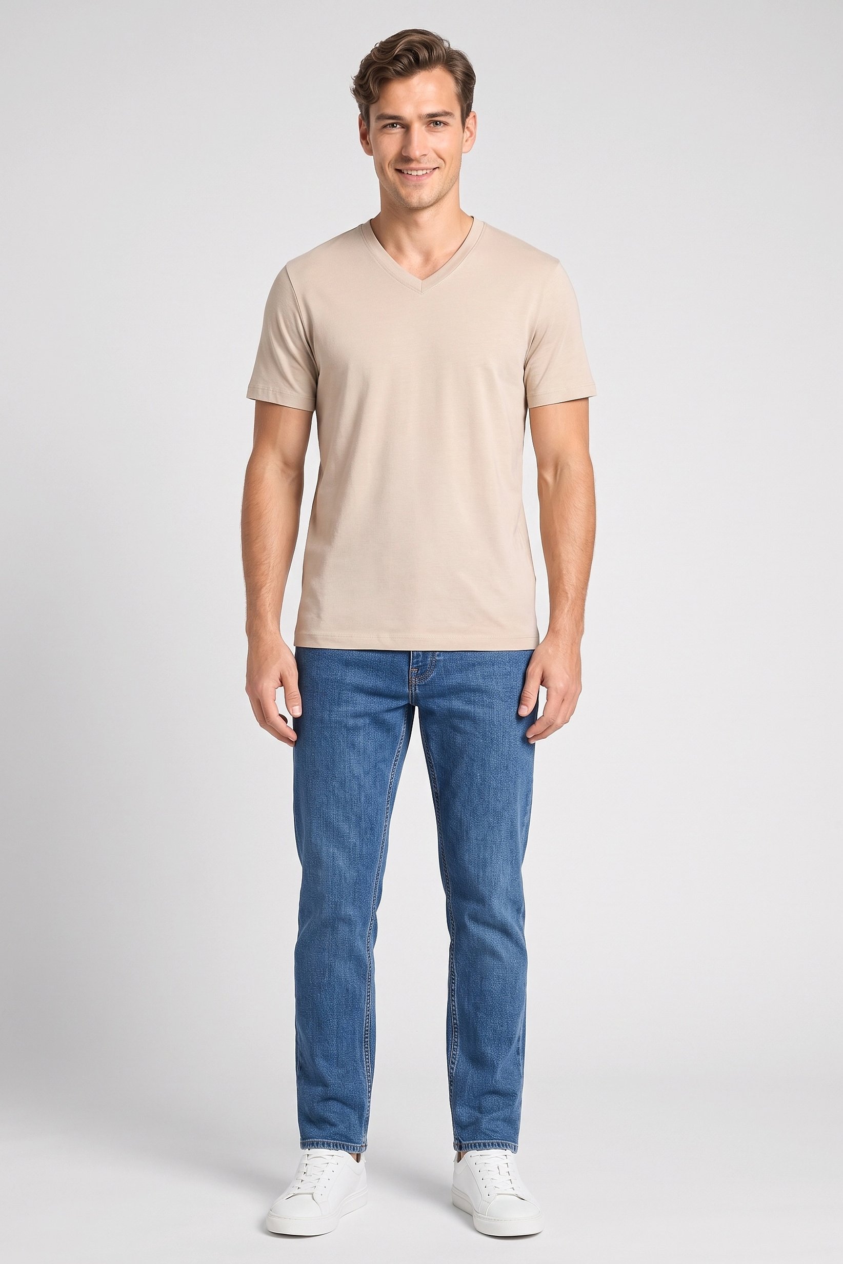 Men V Neck Short Sleeve Solid T-Shirt, Beige