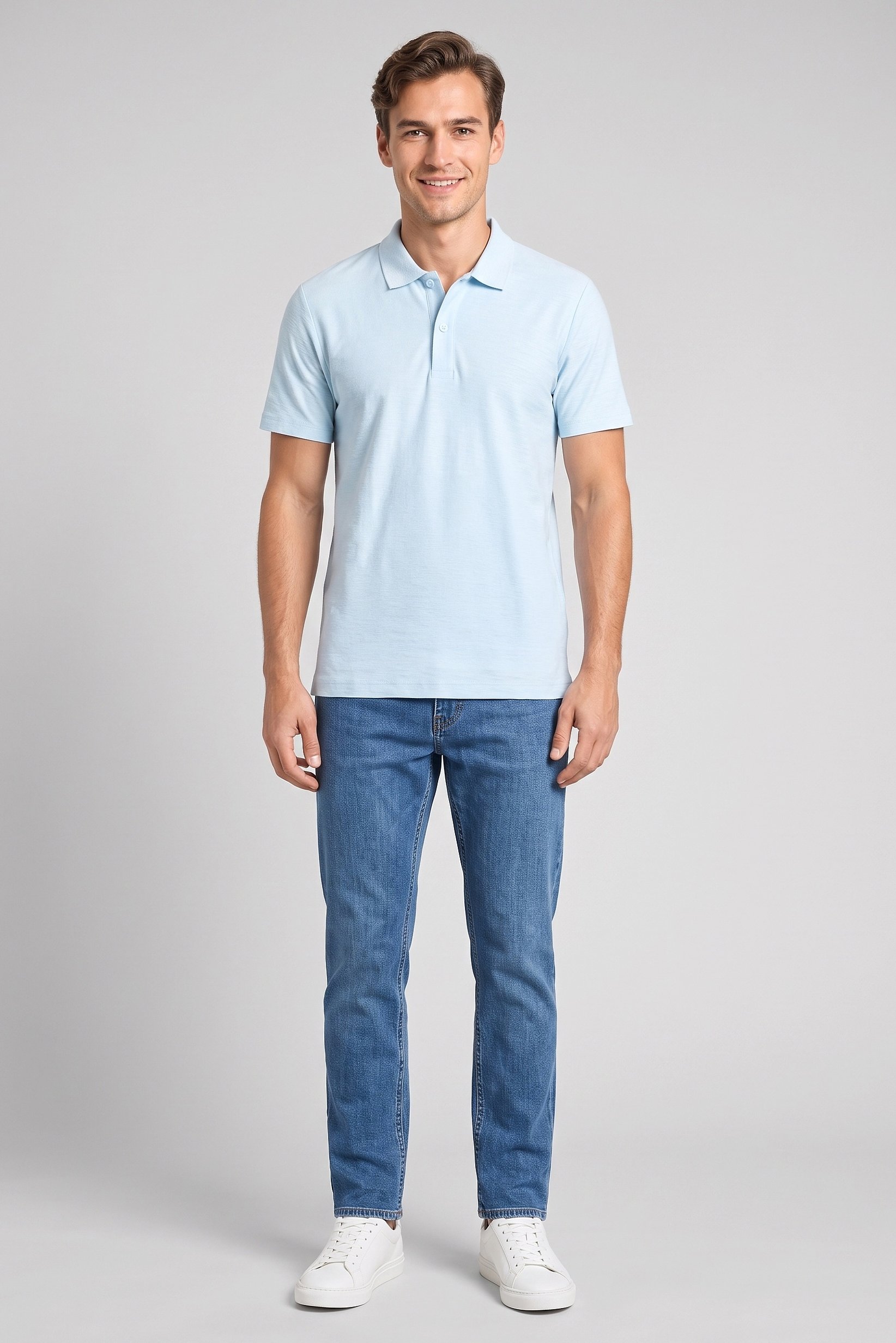 Men Regular Fit Textured Short Sleeves Polo Shirt, Light Blue