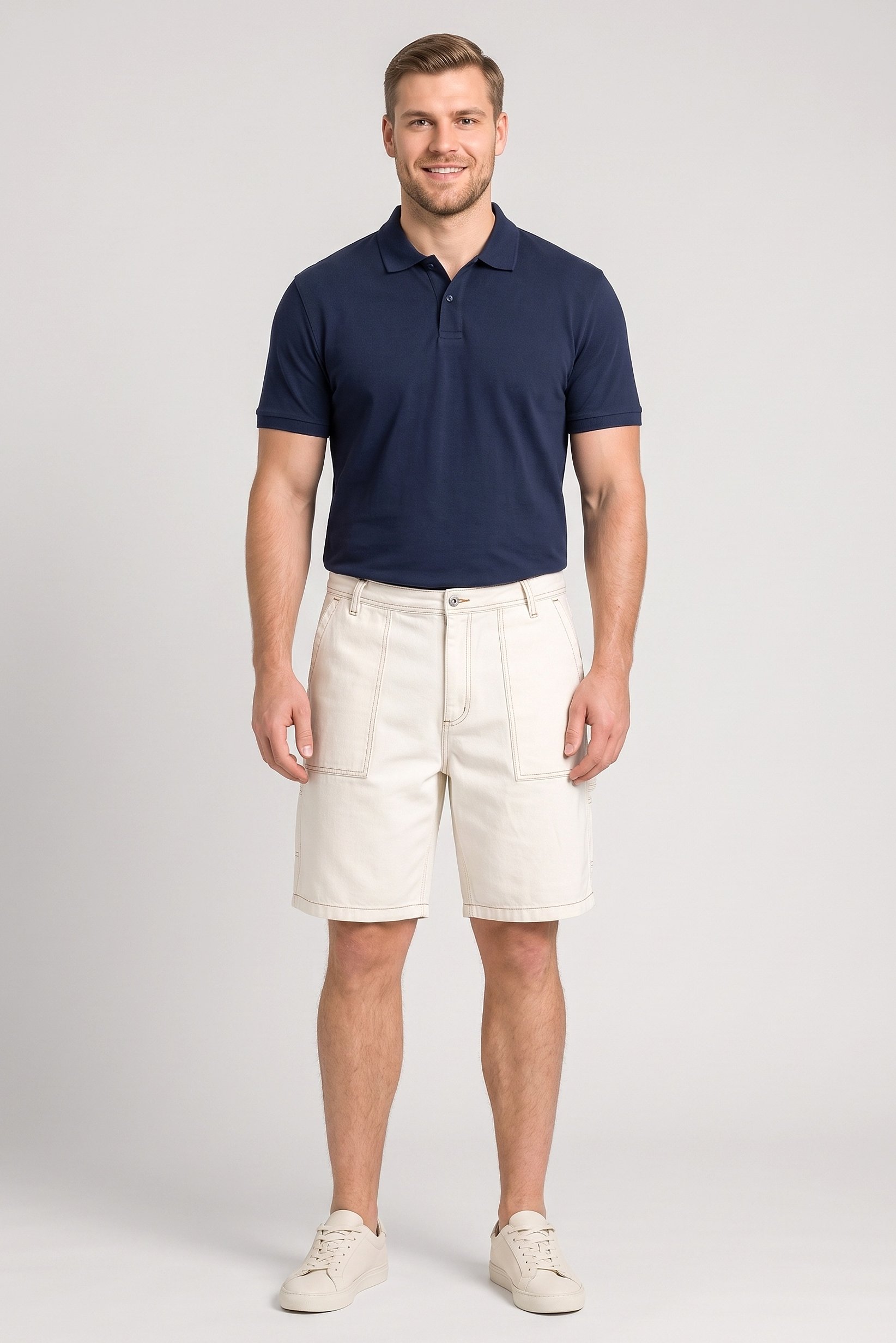 Men Solid Cargo Shorts, Off White