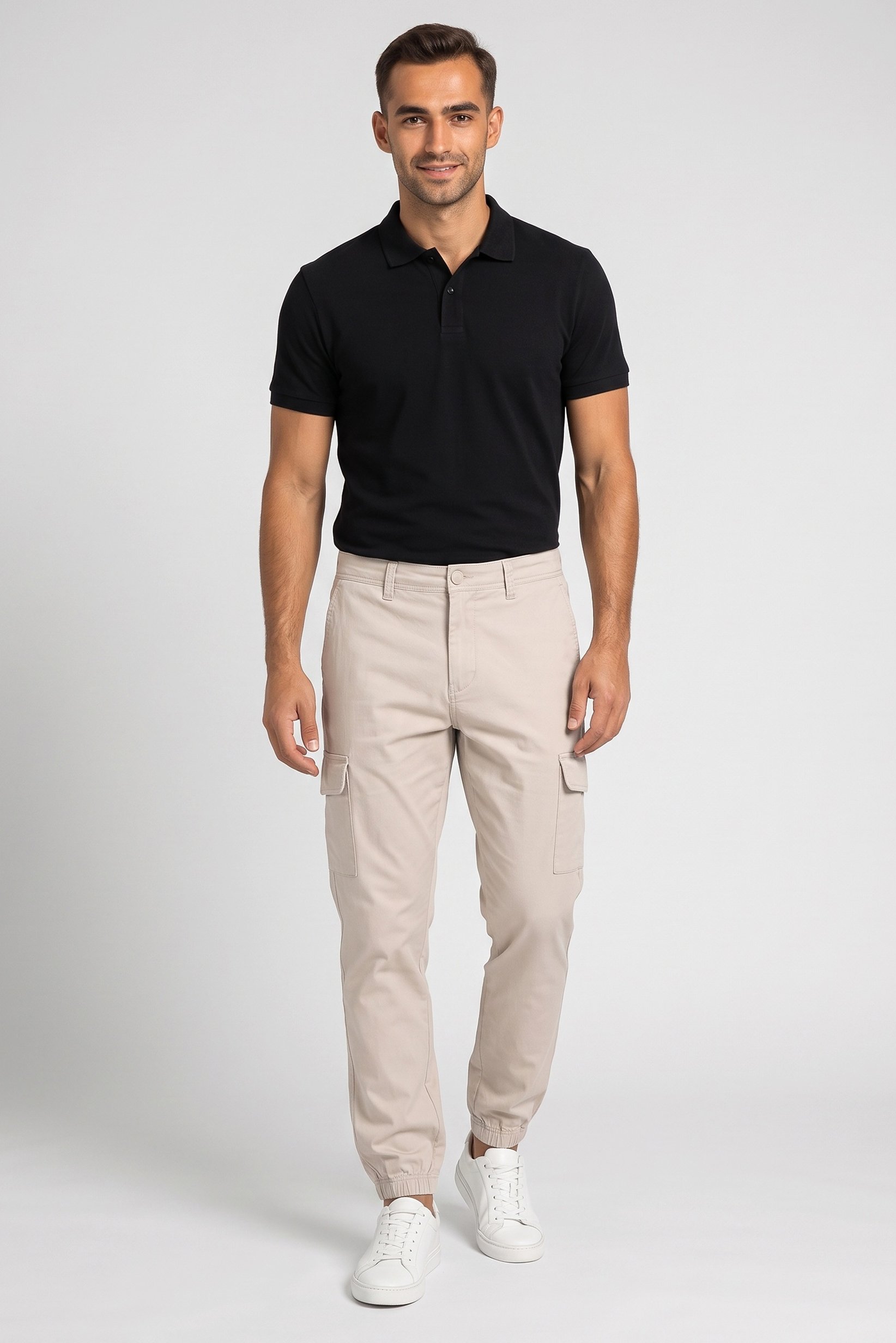 Men Slim Fit Solid Cargo Pants, Beige