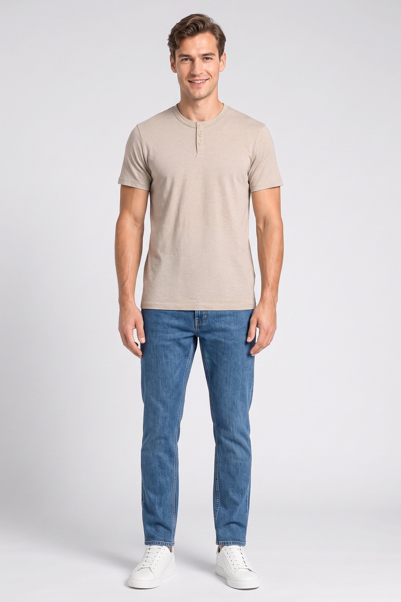 Men Crew Neck Short Sleeve Solid T-Shirt,  Beige