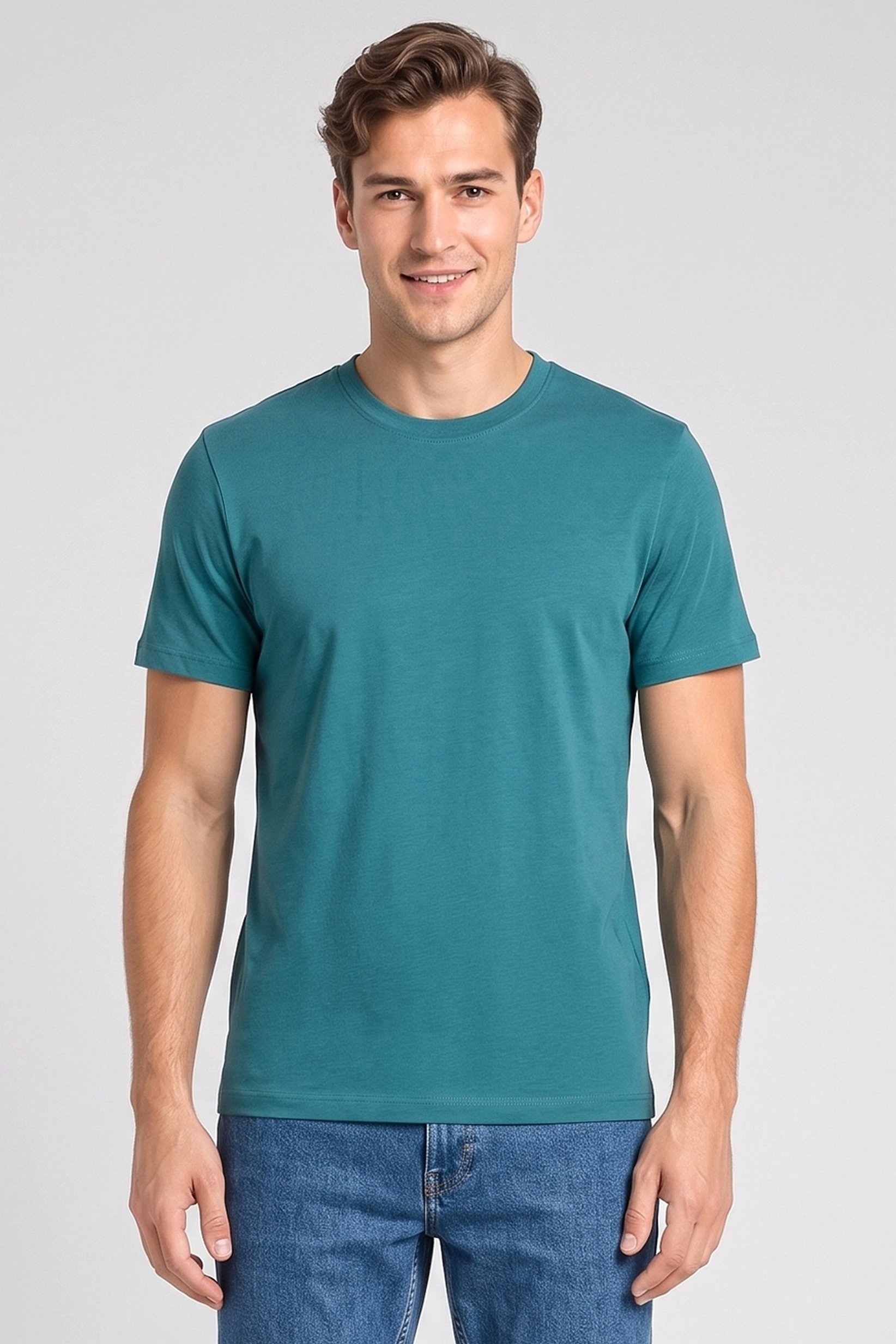 Men Crew Neck Short Sleeve Solid T-Shirt, Teal Green
