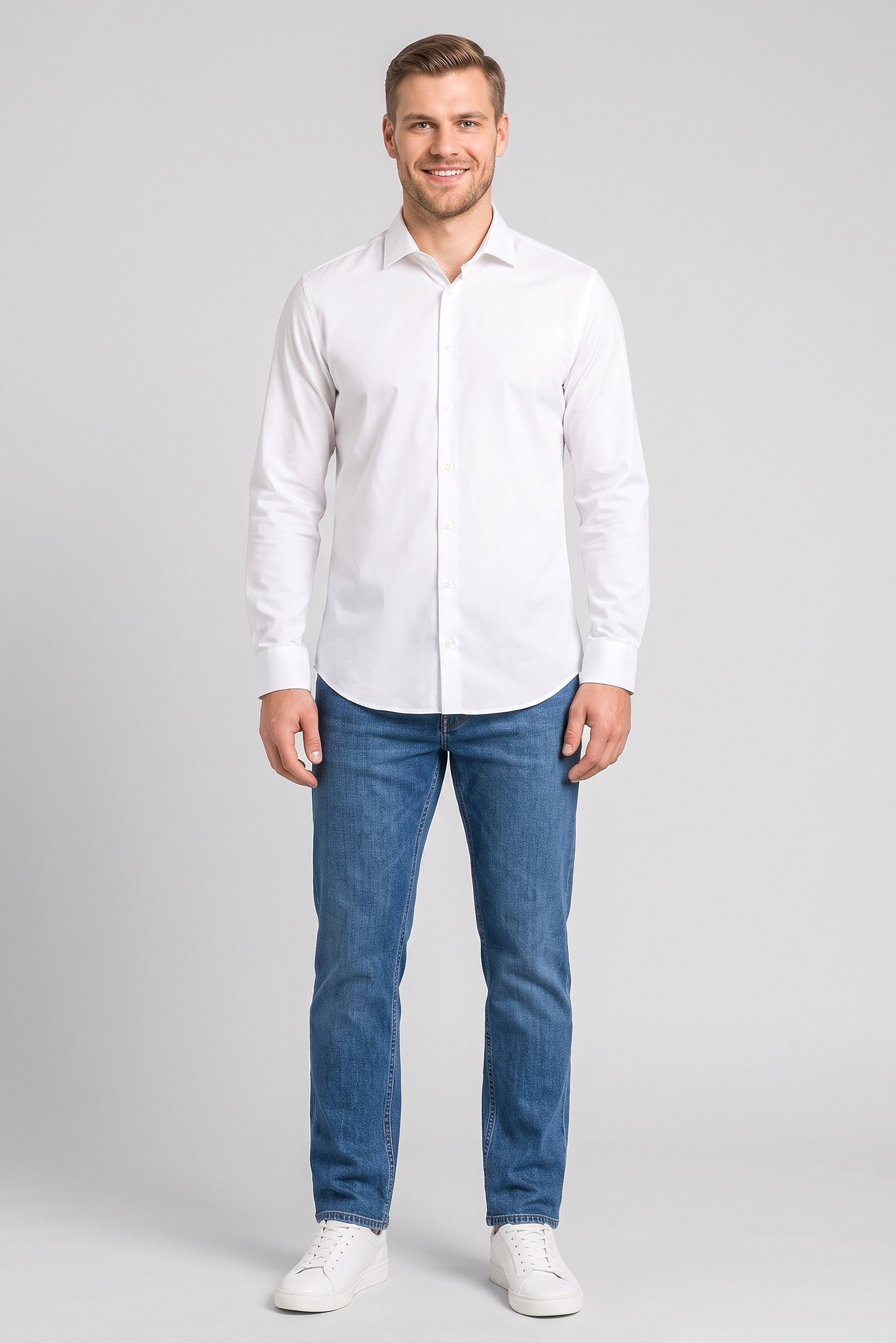 Men Slim Fit Long Sleeve Solid Casual Shirt, Off White
