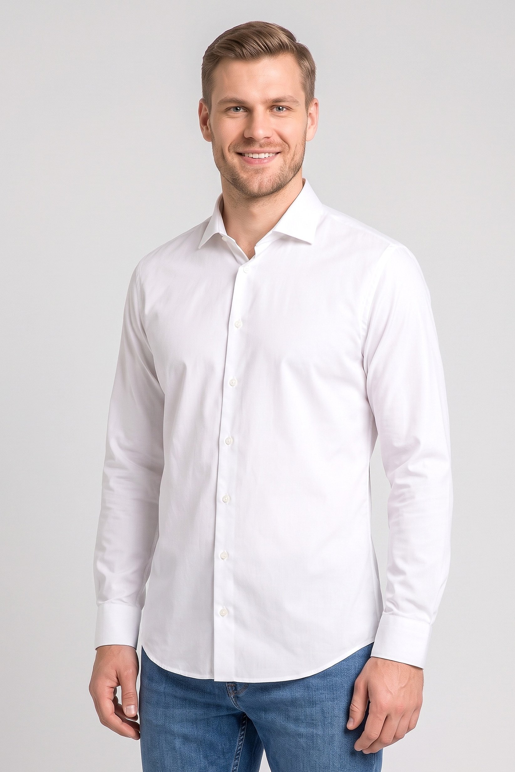 Men Slim Fit Long Sleeve Solid Casual Shirt, Off White