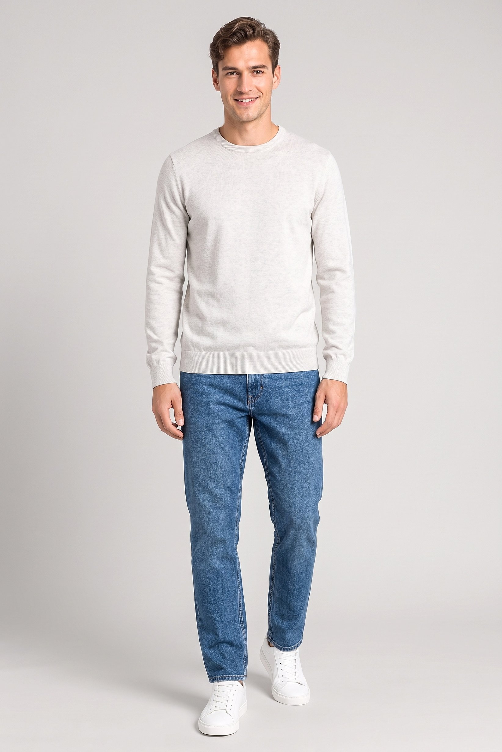 Men Crew Neck Knitted Sweater, Heather White