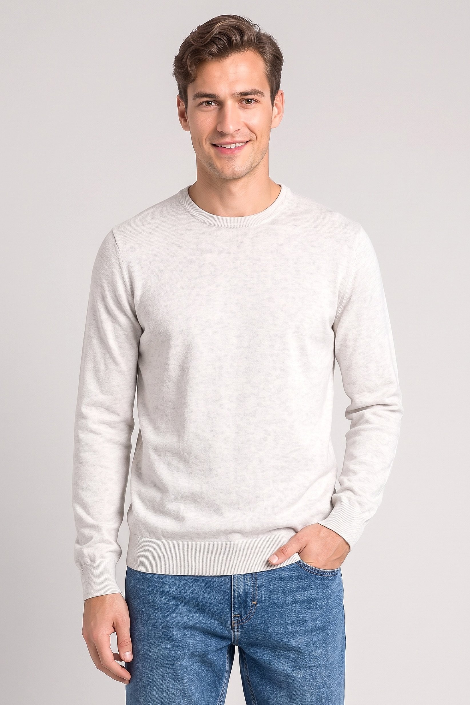 Men Crew Neck Knitted Sweater, Heather White