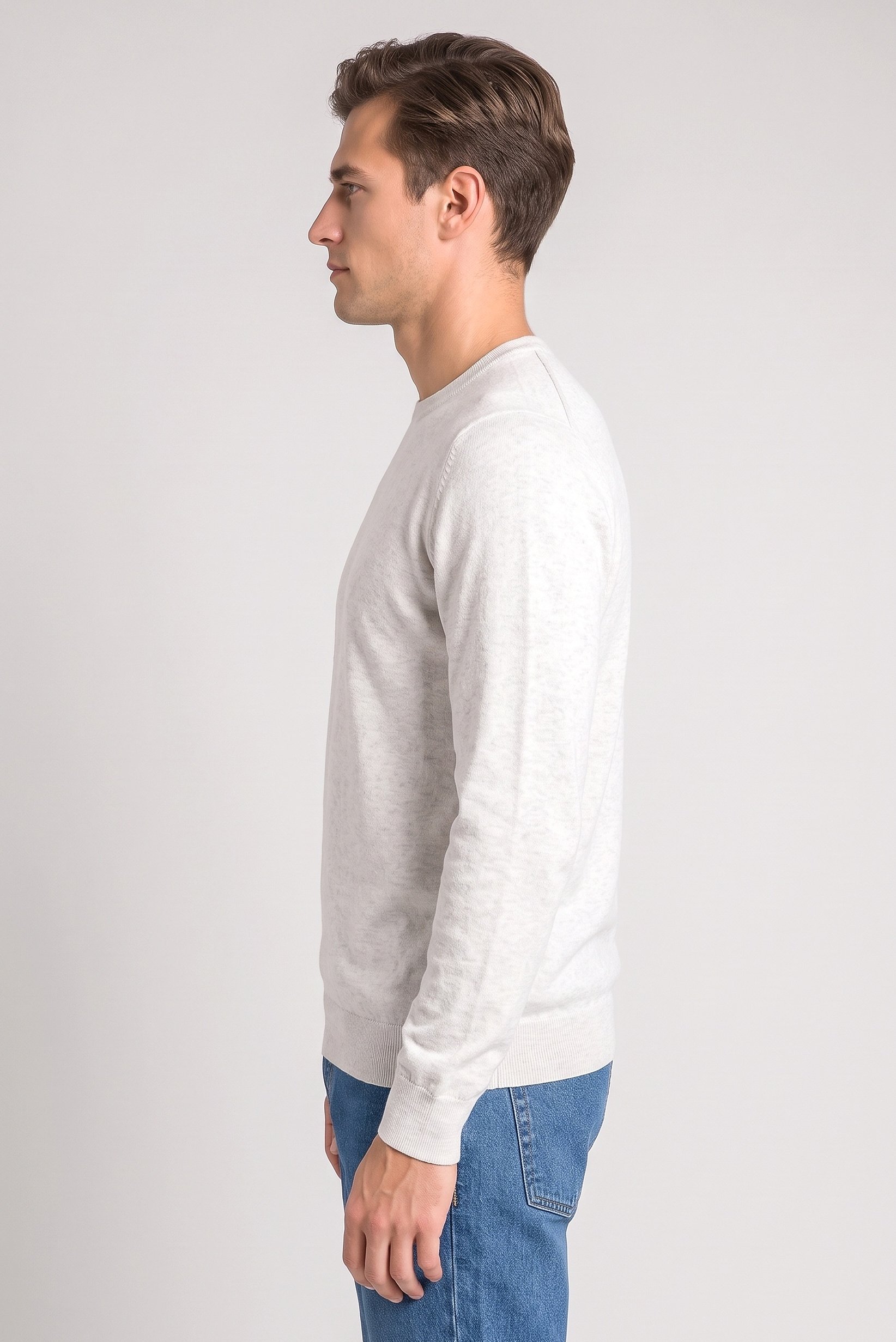 Men Crew Neck Knitted Sweater, Heather White