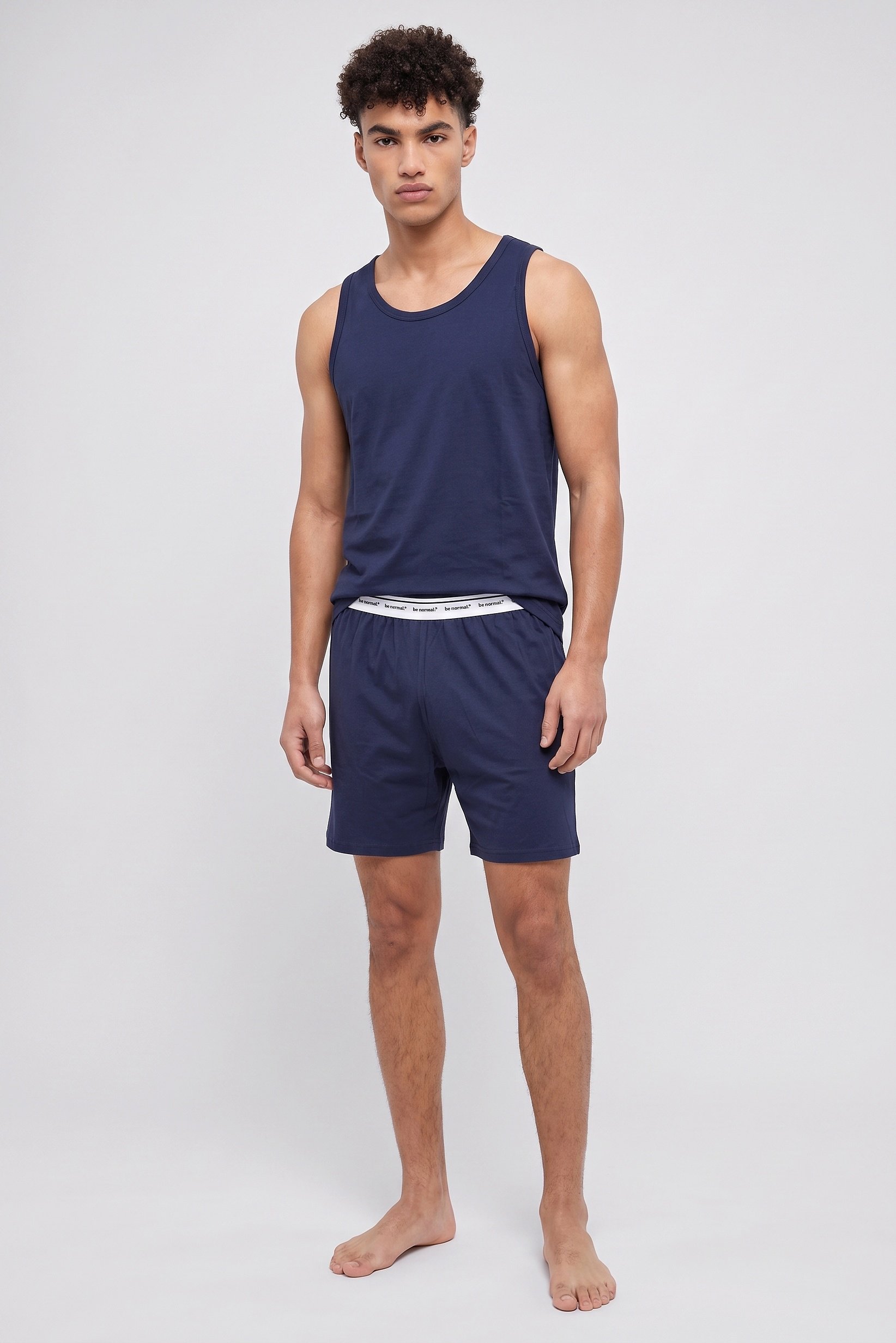 Men 2 Pcs Plain Sleeveless Vest And Shorts Pyjama Set, Navy
