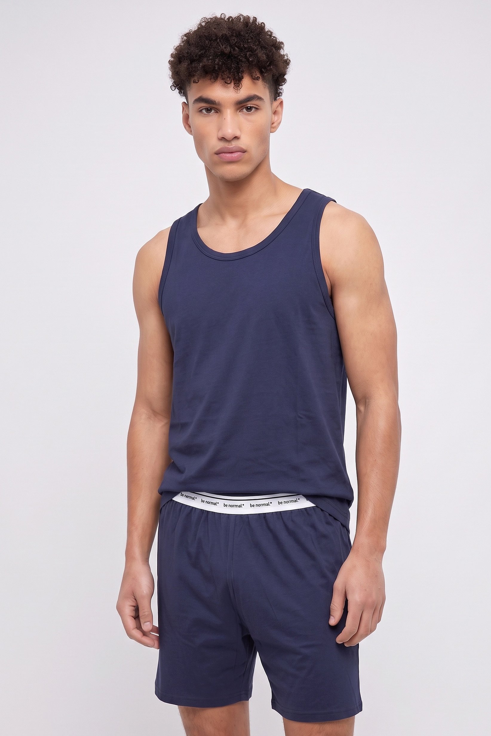 Men 2 Pcs Plain Sleeveless Vest And Shorts Pyjama Set, Navy