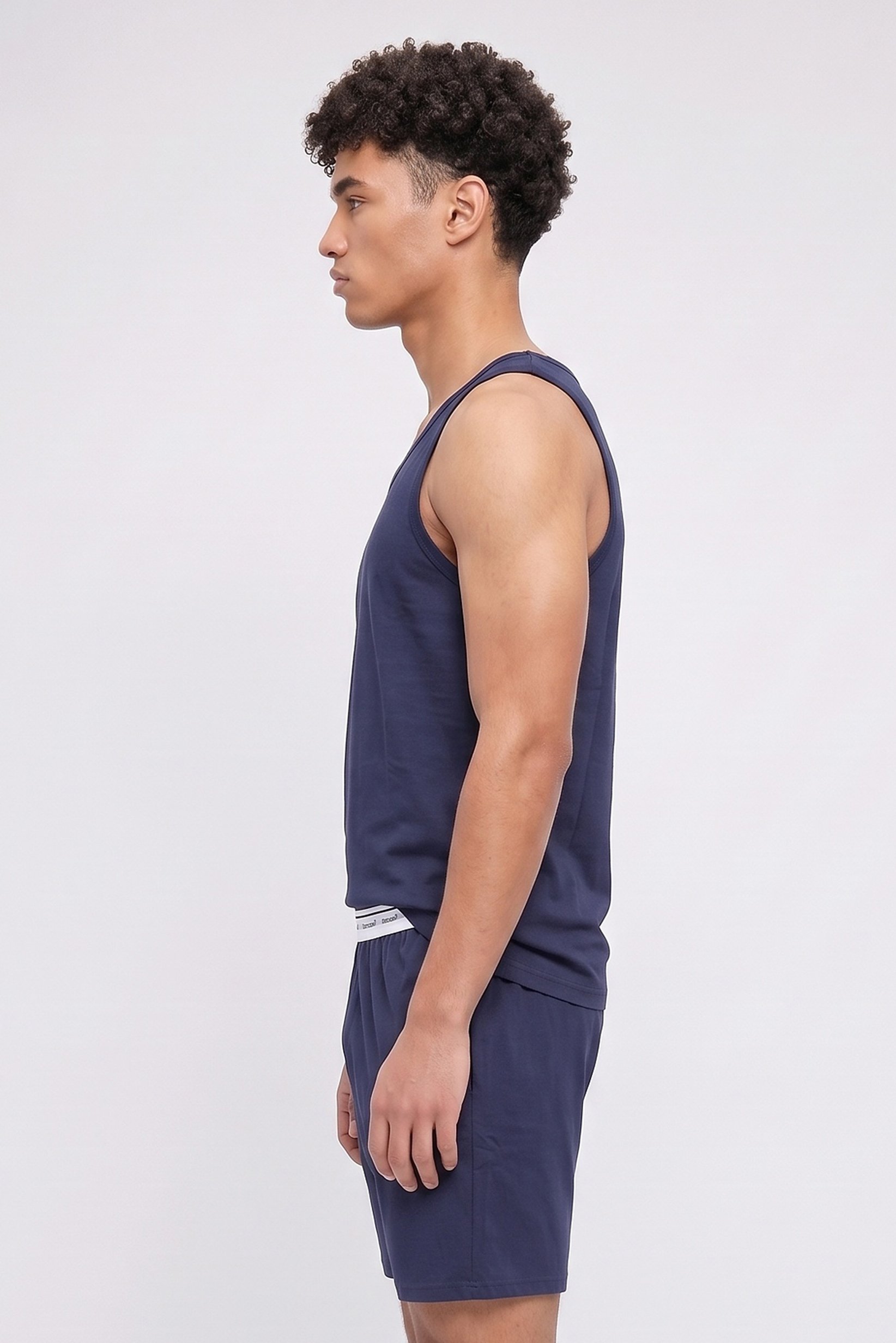 Men 2 Pcs Plain Sleeveless Vest And Shorts Pyjama Set, Navy