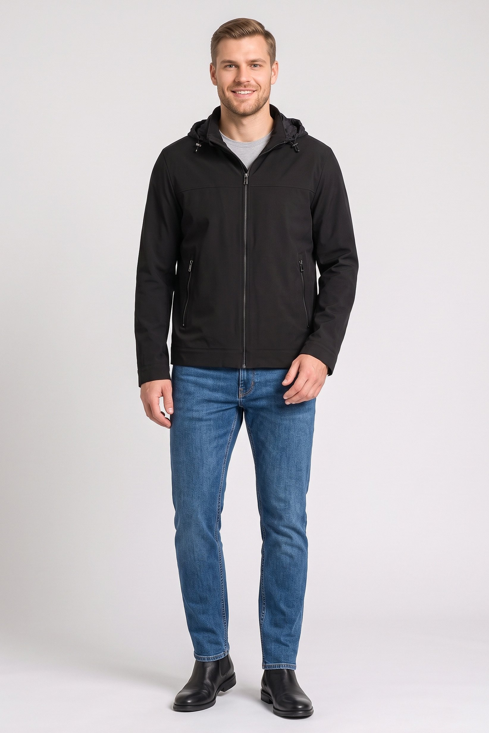Men Solid Hooded Jacket, Black