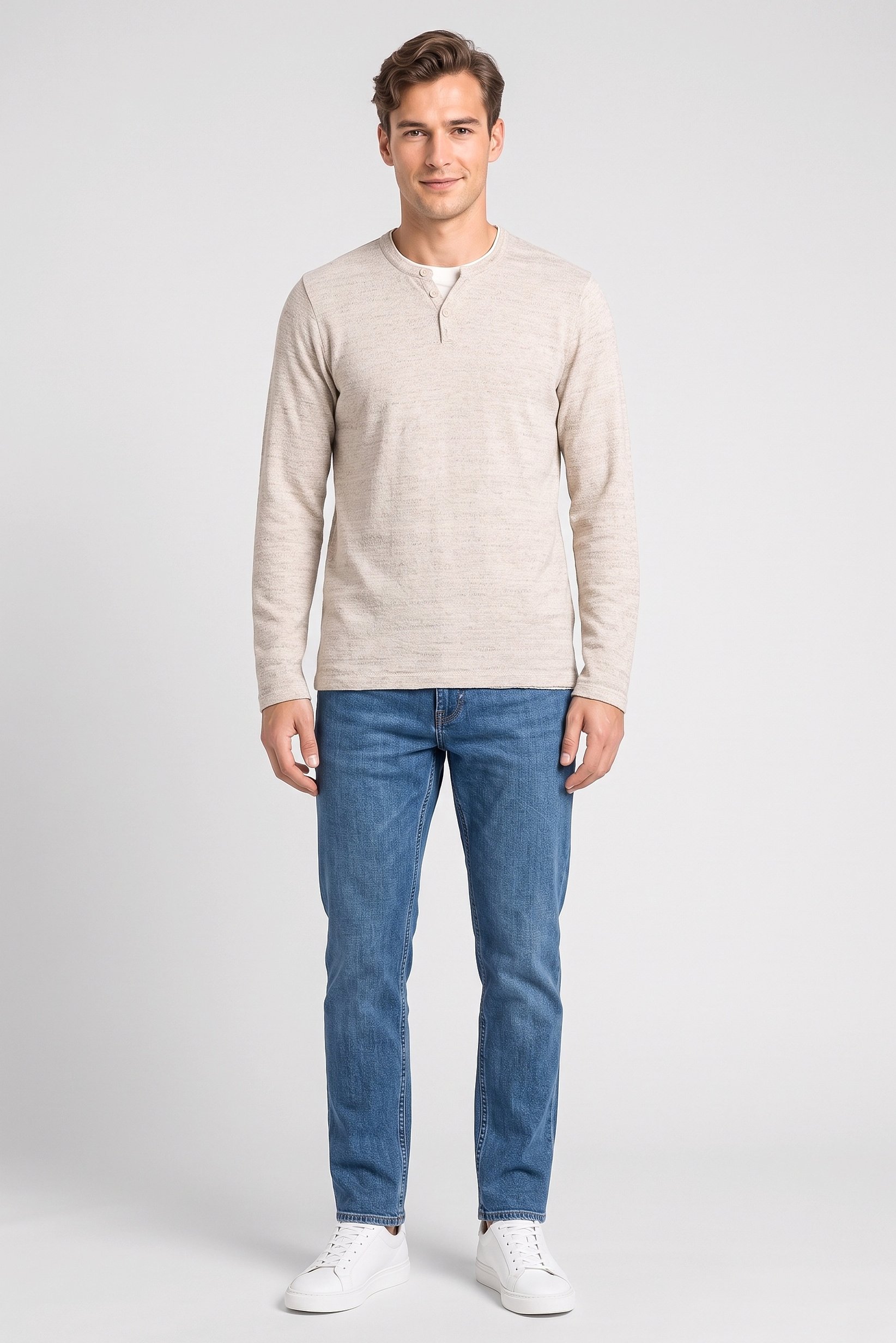 Men Crew Neck Textured Sweater, Heather Beige