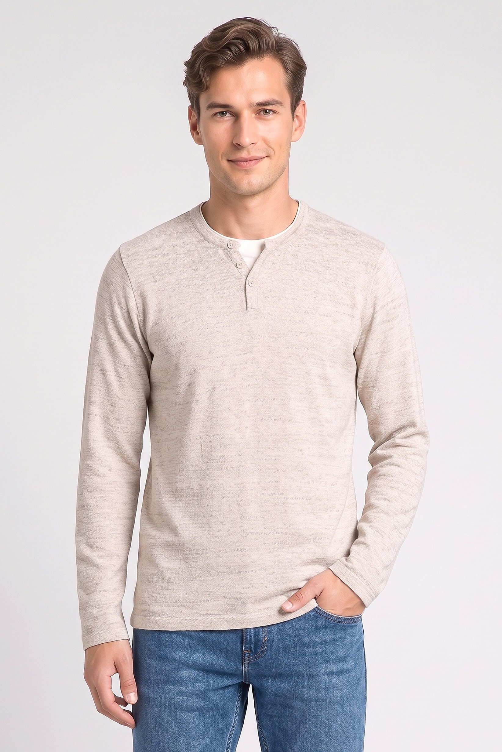 Men Crew Neck Textured Sweater, Heather Beige