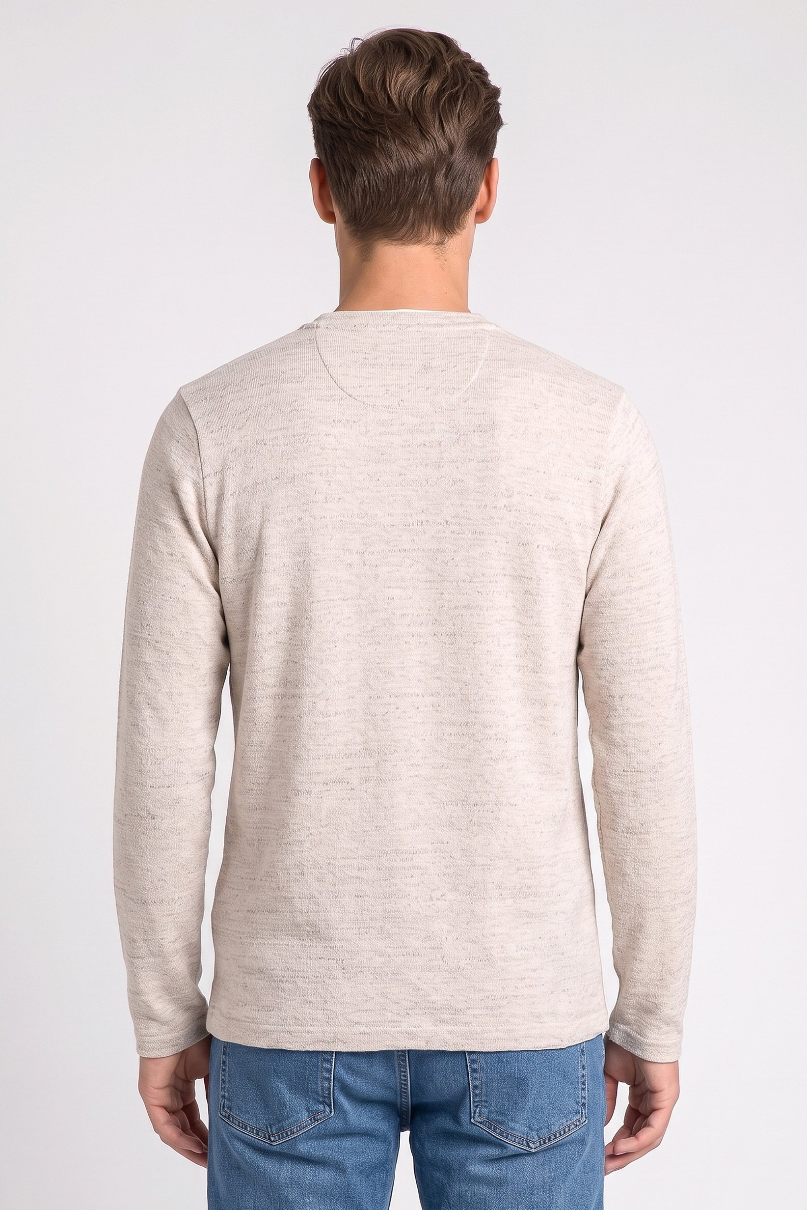 Men Crew Neck Textured Sweater, Heather Beige