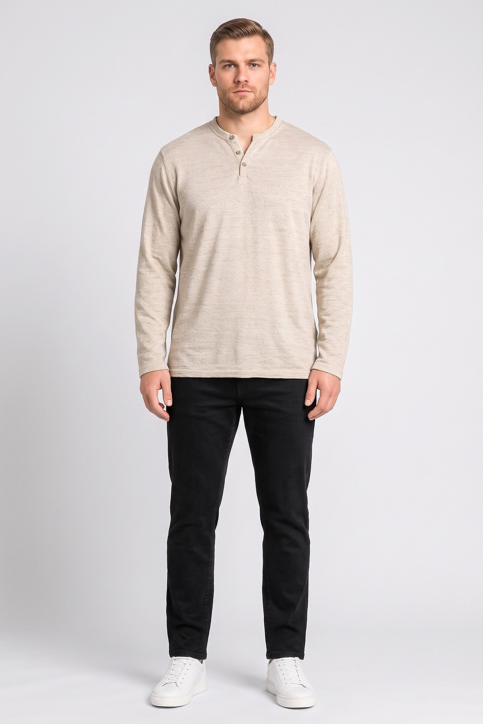 Men Crew Neck Knitted Sweater, Beige