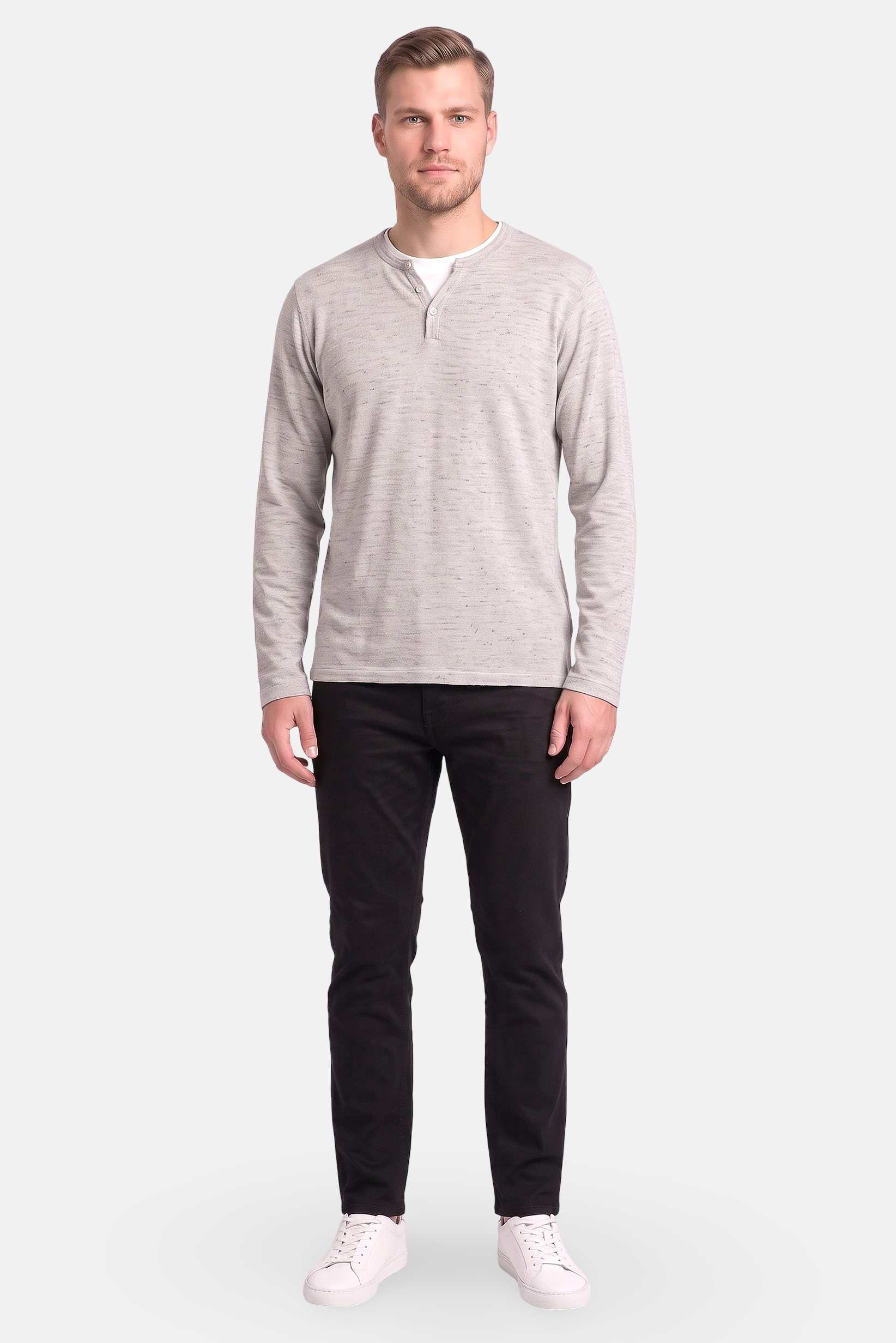 Men Crew Neck Long Sleeve Knitted T-Shirt, Light Grey