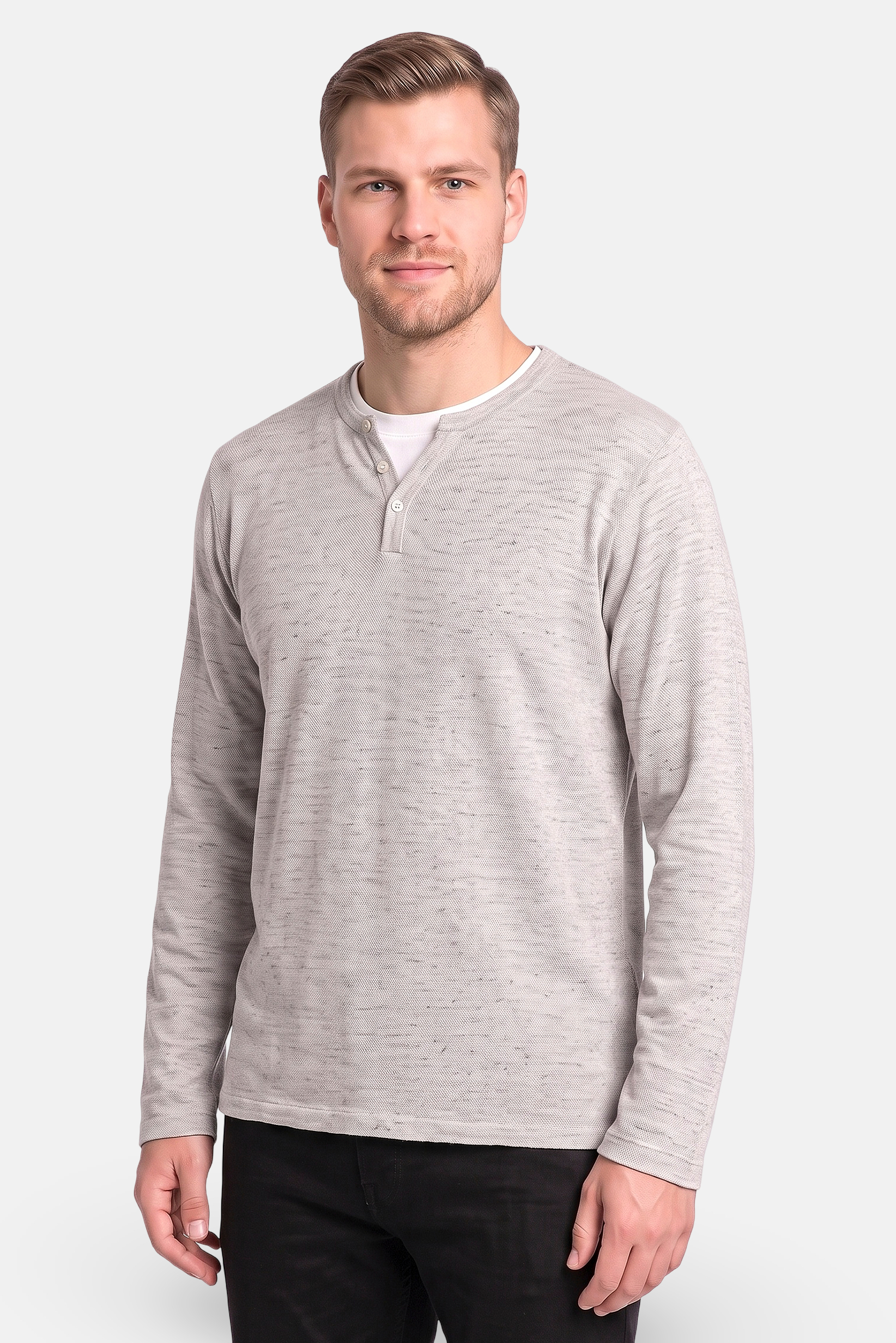 Men Crew Neck Long Sleeve Knitted T-Shirt, Light Grey