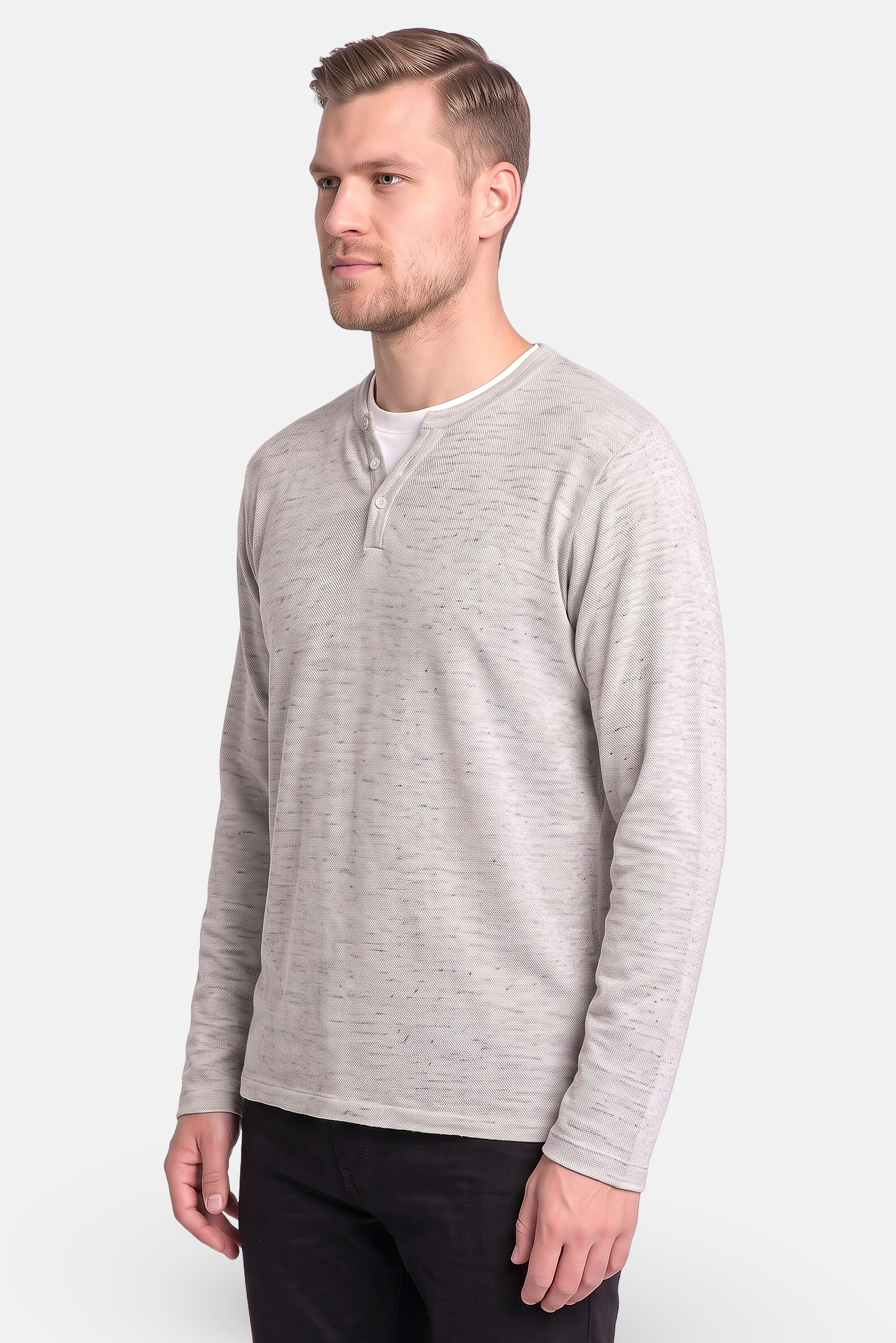 Men Crew Neck Long Sleeve Knitted T-Shirt, Light Grey