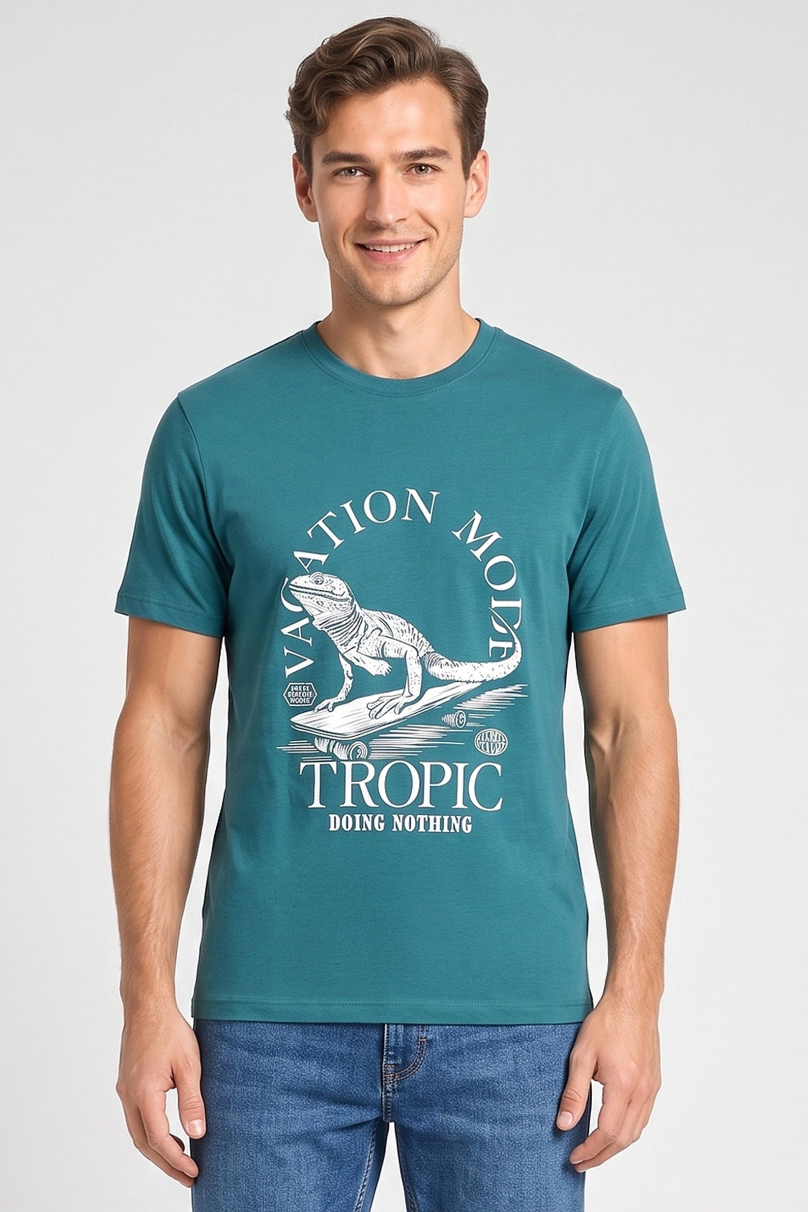 Men Crew Neck Short Sleeves Brand Logo T-Shirt, Teal Green
