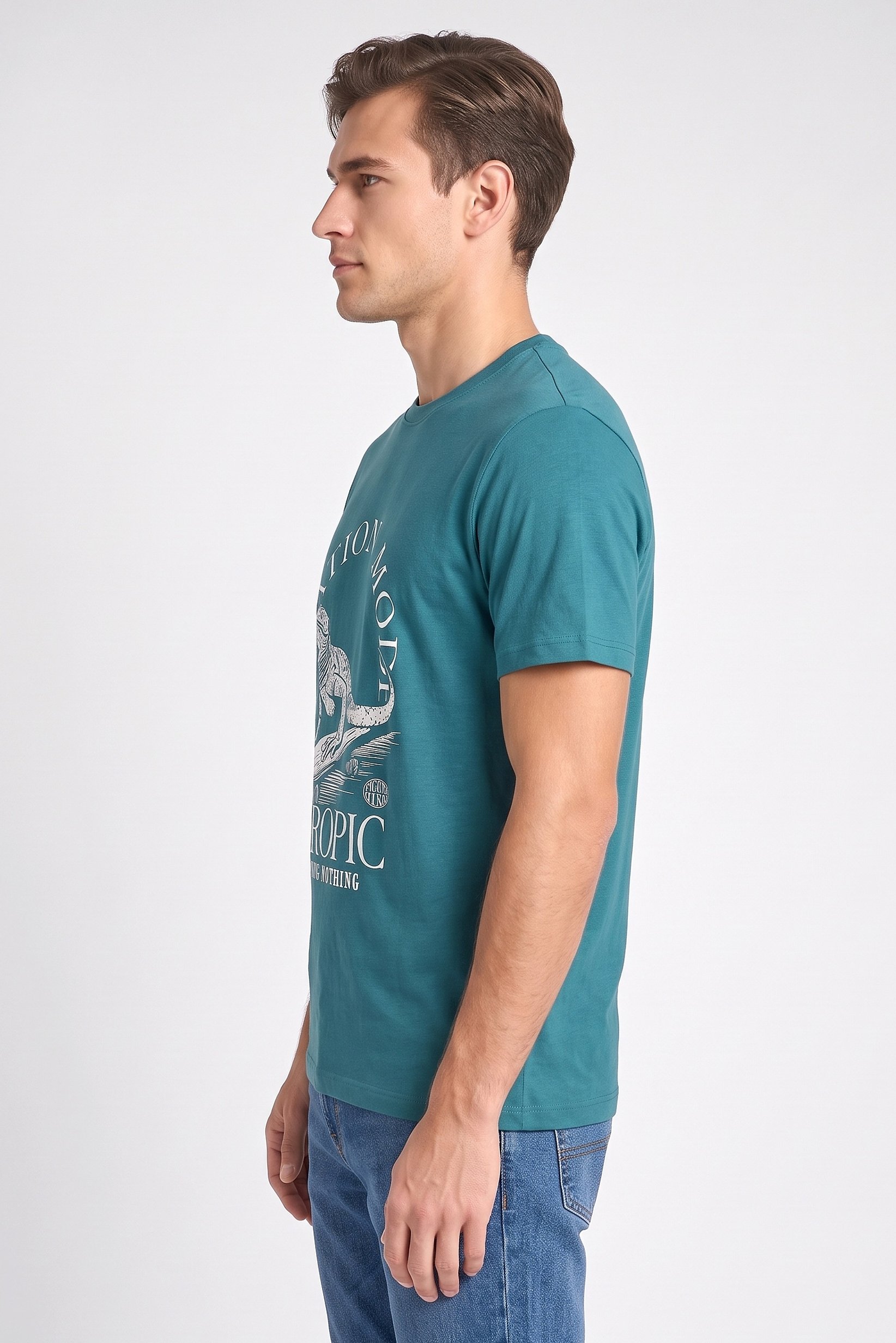 Men Crew Neck Short Sleeves Brand Logo T-Shirt, Teal Green