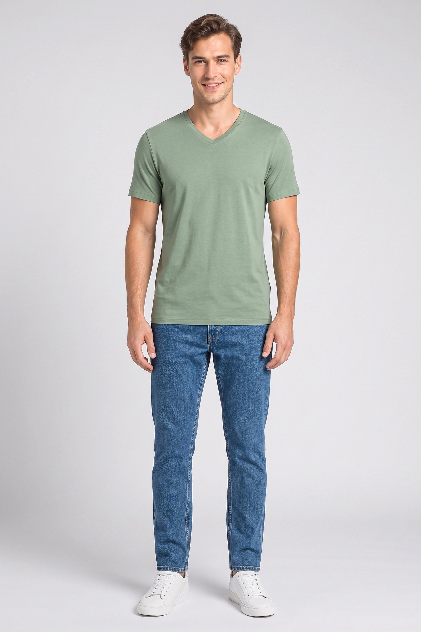 Men V-Neck Short Sleeve Solid T-Shirt, Green