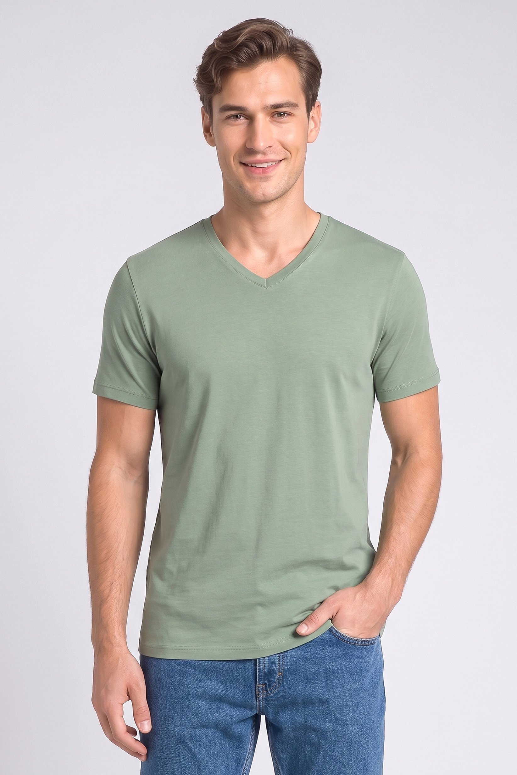 Men V-Neck Short Sleeve Solid T-Shirt, Green