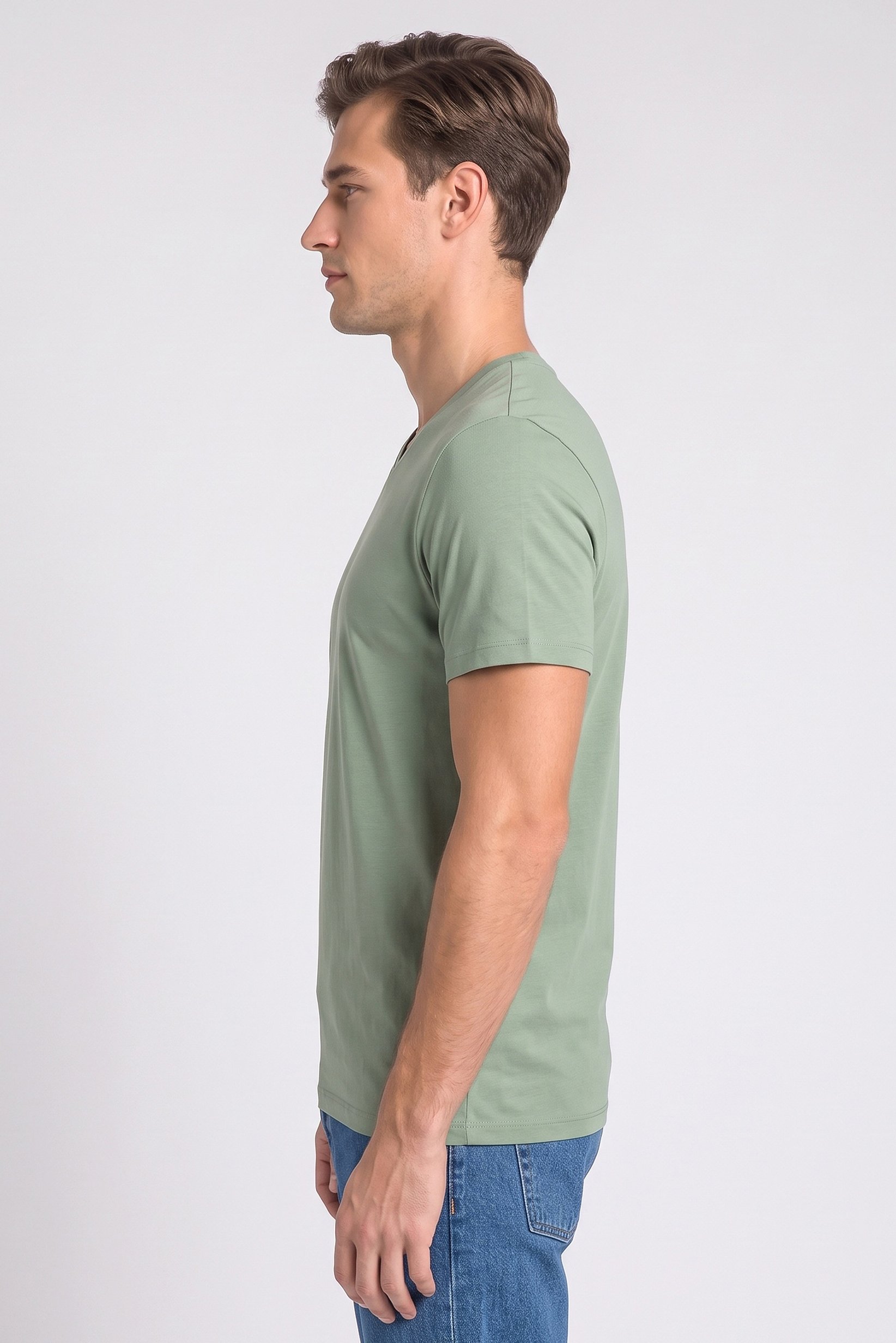 Men V-Neck Short Sleeve Solid T-Shirt, Green