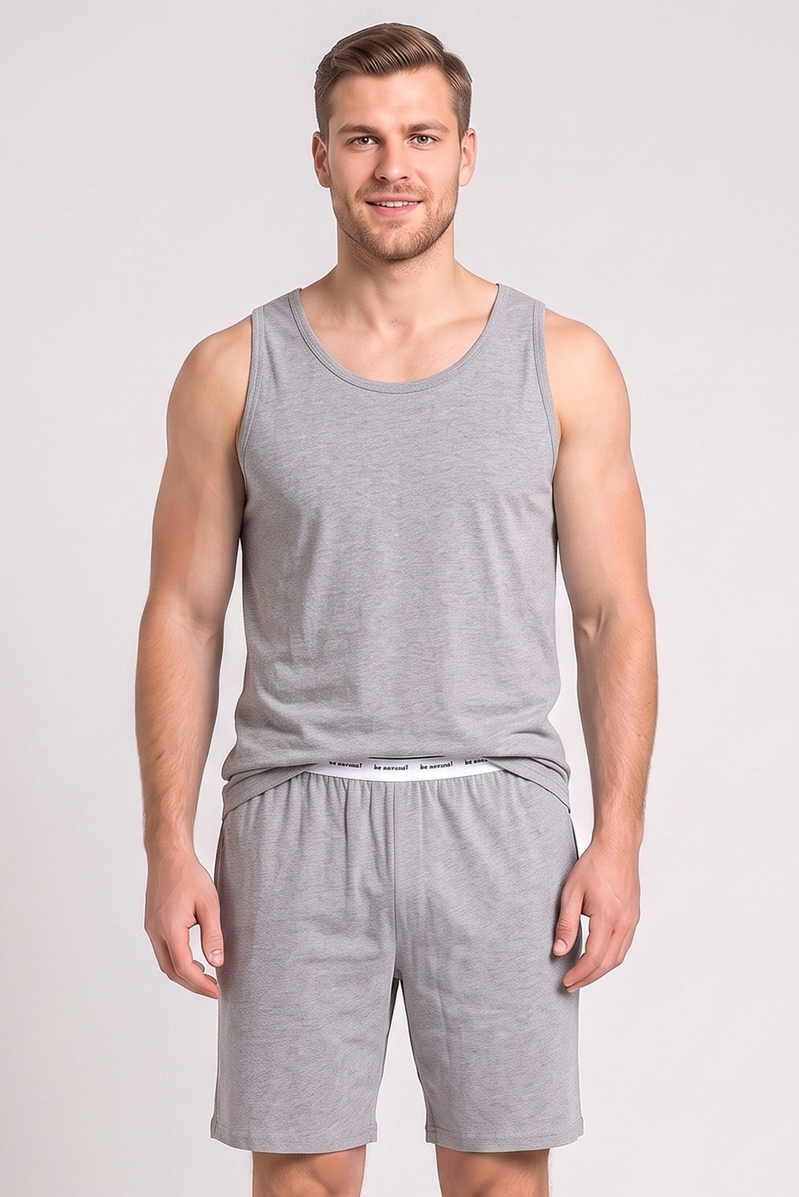 Men 2 Pcs Heather Sleeveless Vest And Shorts Pajama Set, Grey