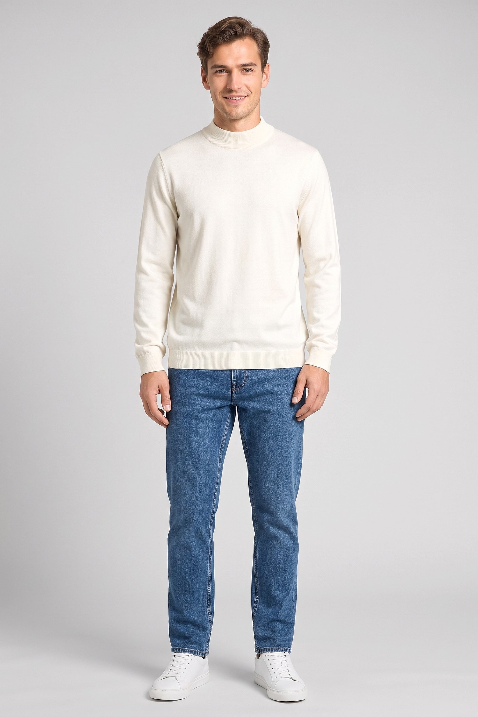 Men Mock Neck Knitted Sweater, Cream