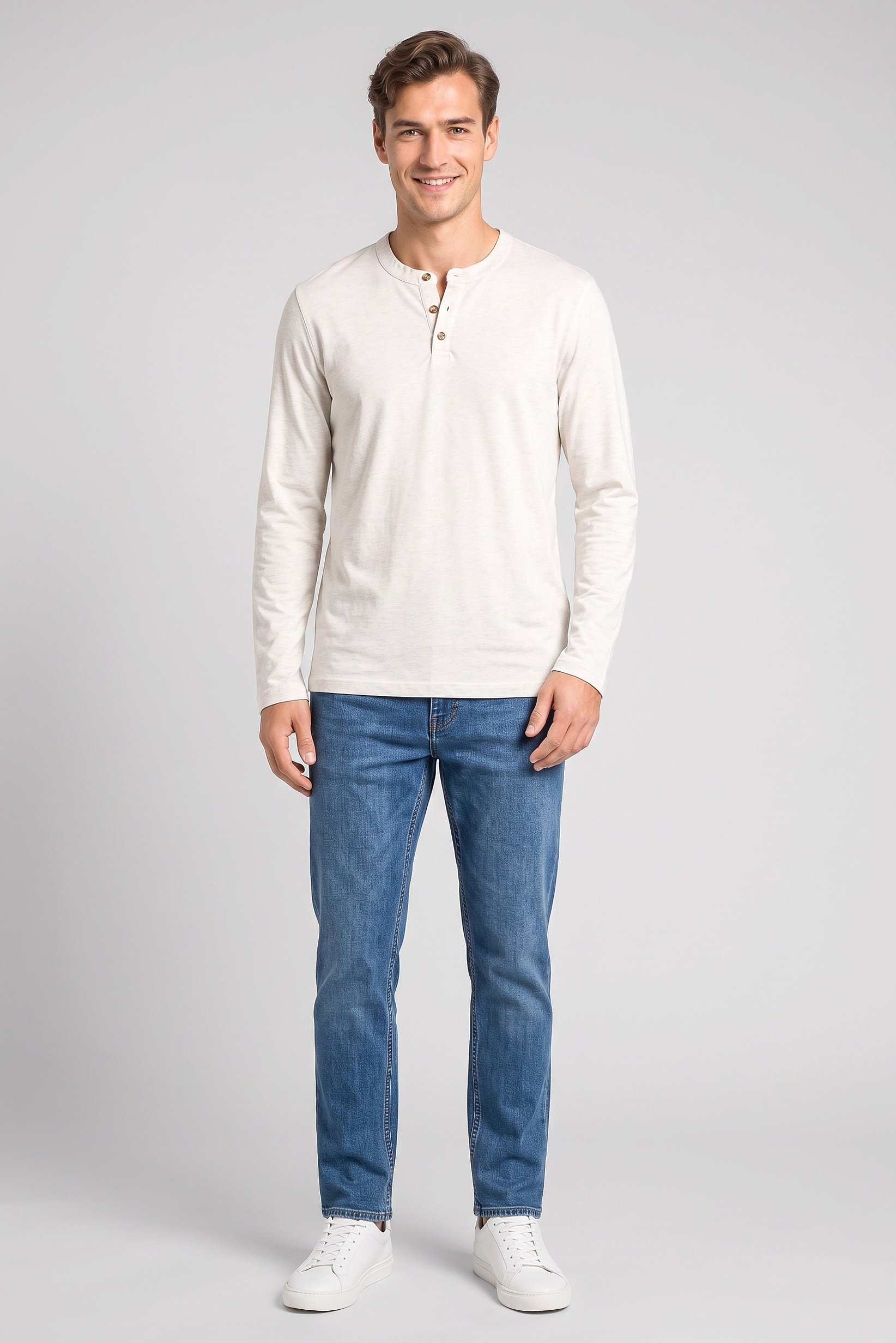 Men Henley Collar Long Sleeve Heather T-Shirt, Beige