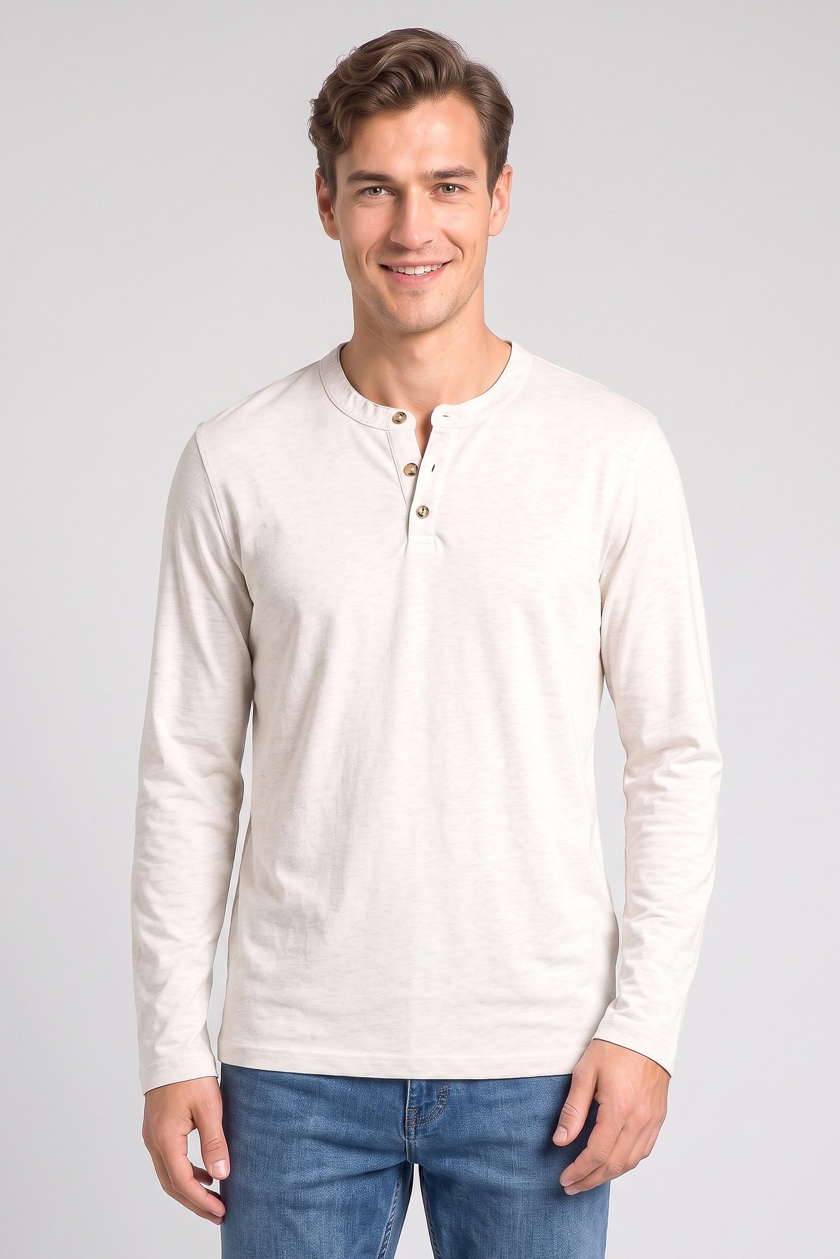 Men Henley Collar Long Sleeve Heather T-Shirt, Beige
