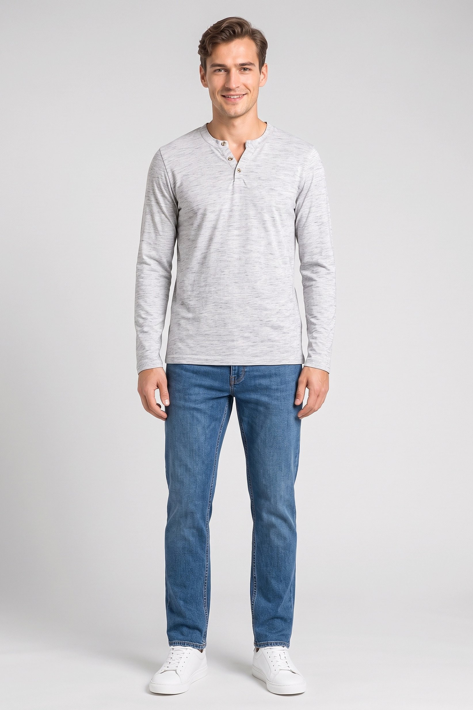 Men Henley Collar Long Sleeve Heather T-Shirt, Light Grey