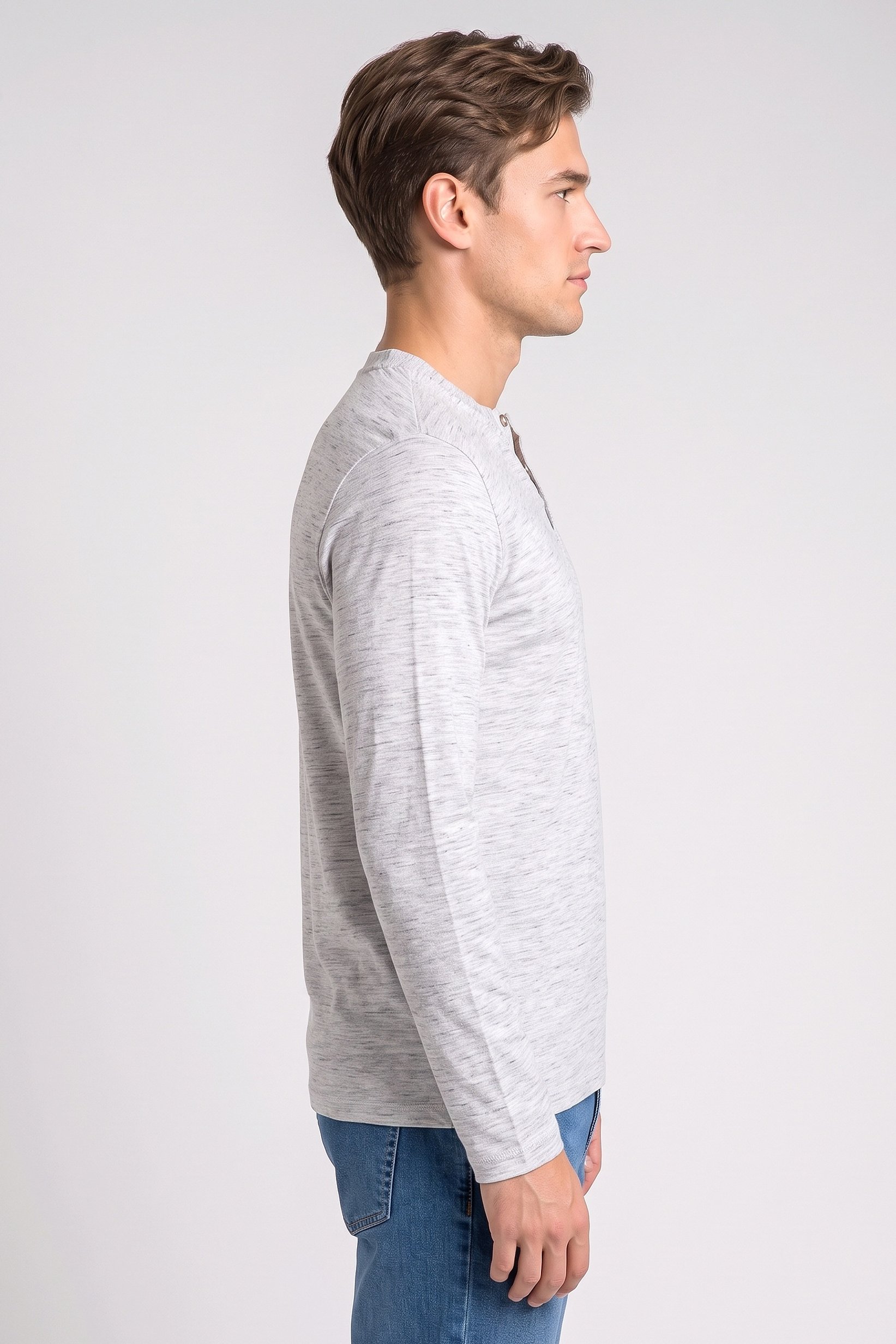 Men Henley Collar Long Sleeve Heather T-Shirt, Light Grey