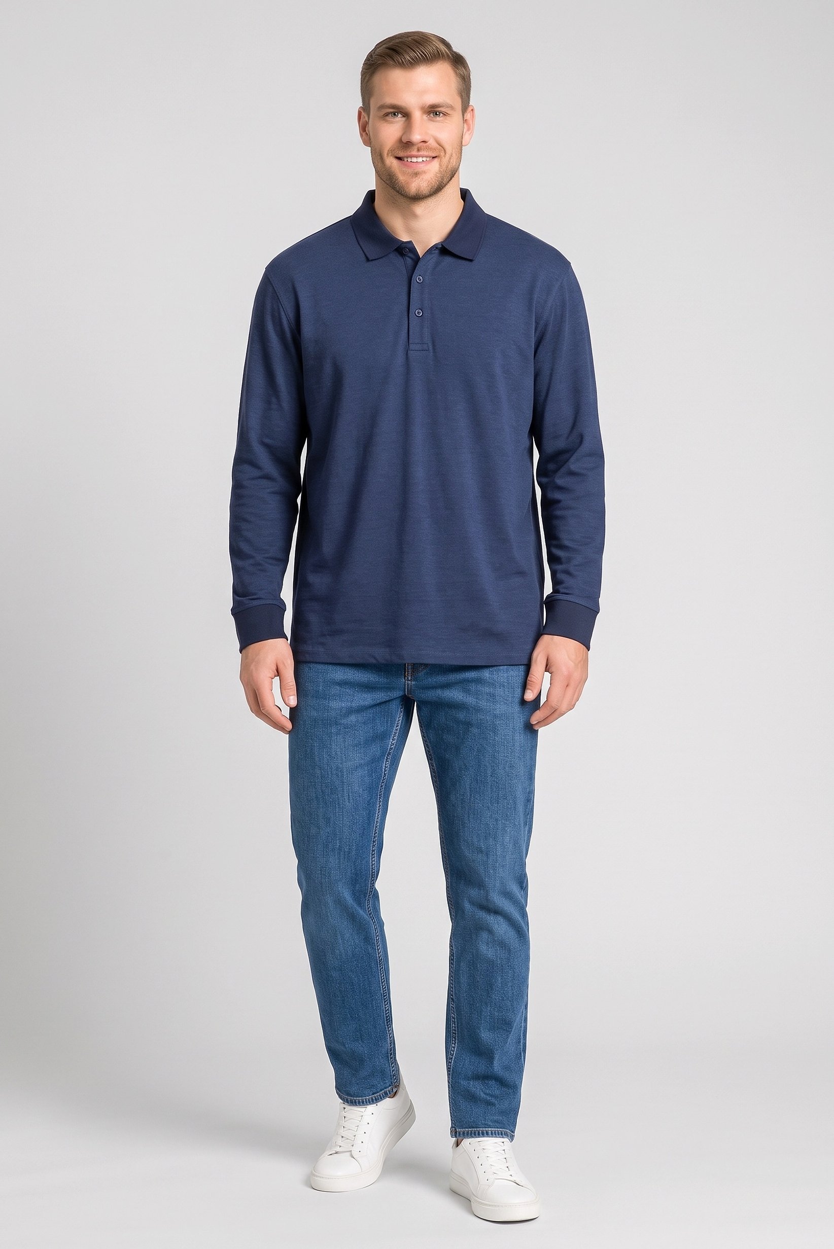 Men Regular Fit Long Sleeve Plain Polo Shirt, Navy