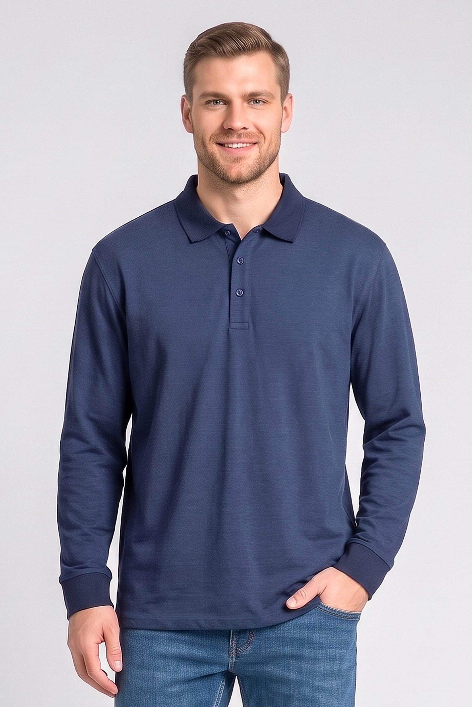 Men Regular Fit Long Sleeve Plain Polo Shirt, Navy
