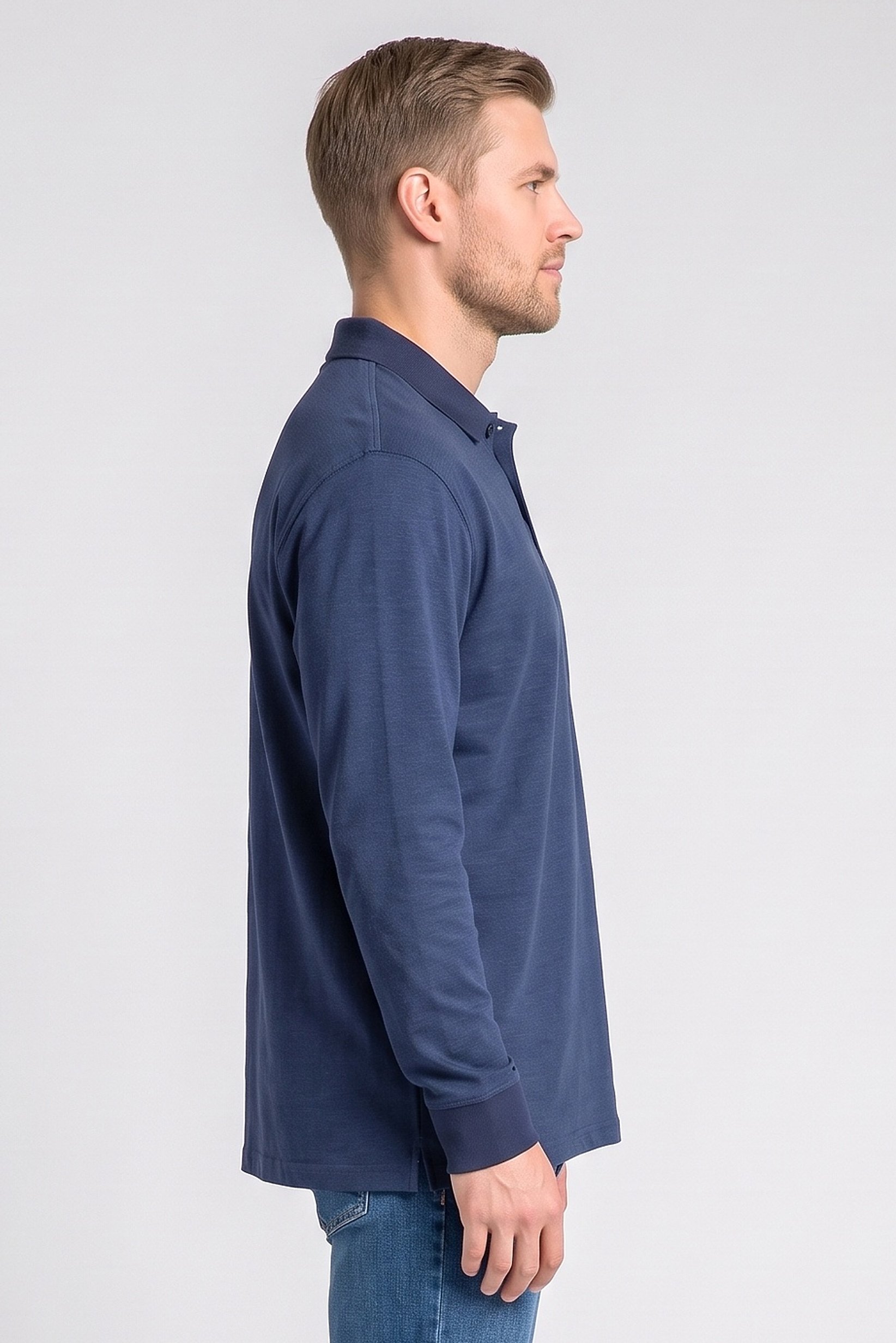 Men Regular Fit Long Sleeve Plain Polo Shirt, Navy