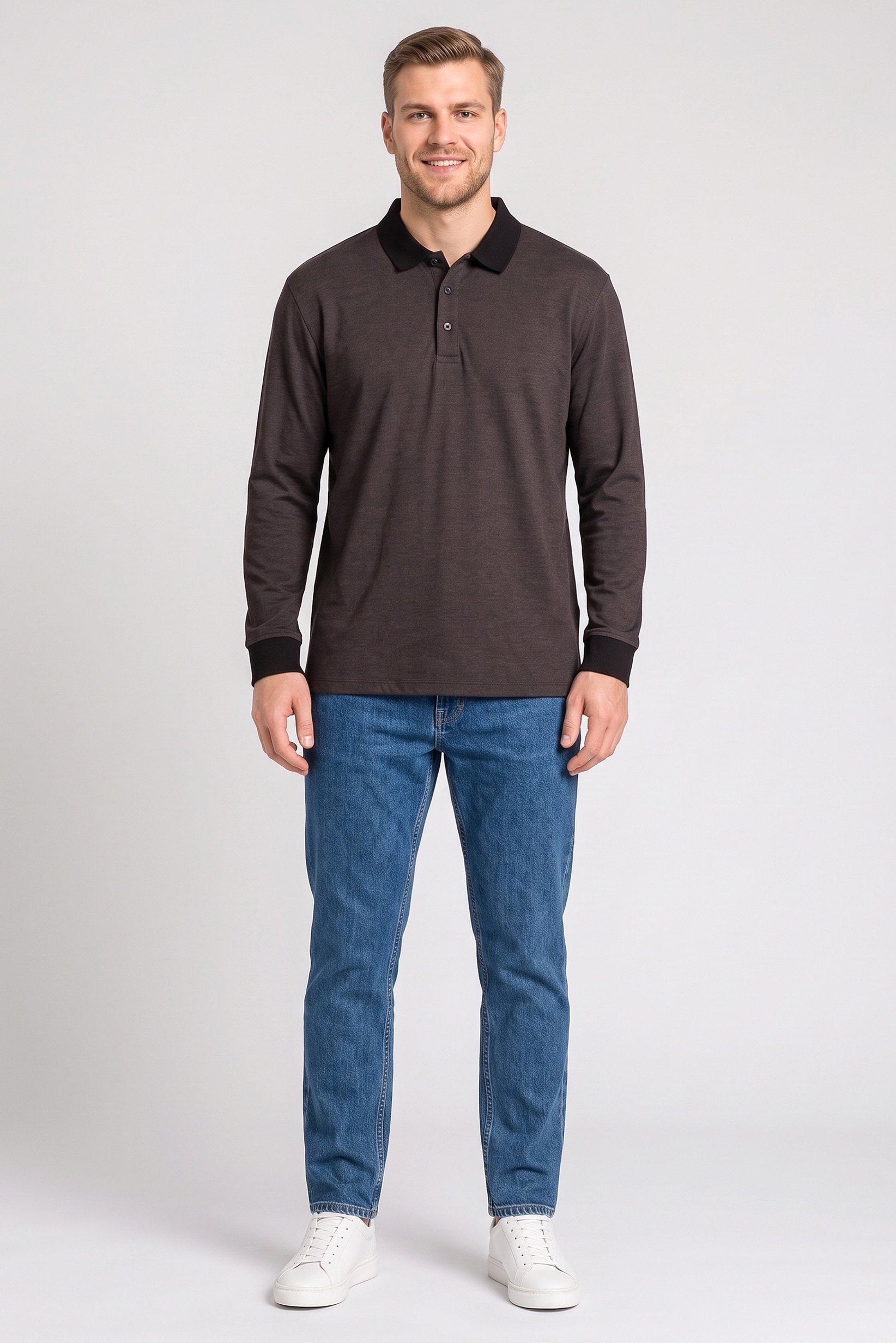 Men Regular Fit Long Sleeve Plain Polo Shirt, Black