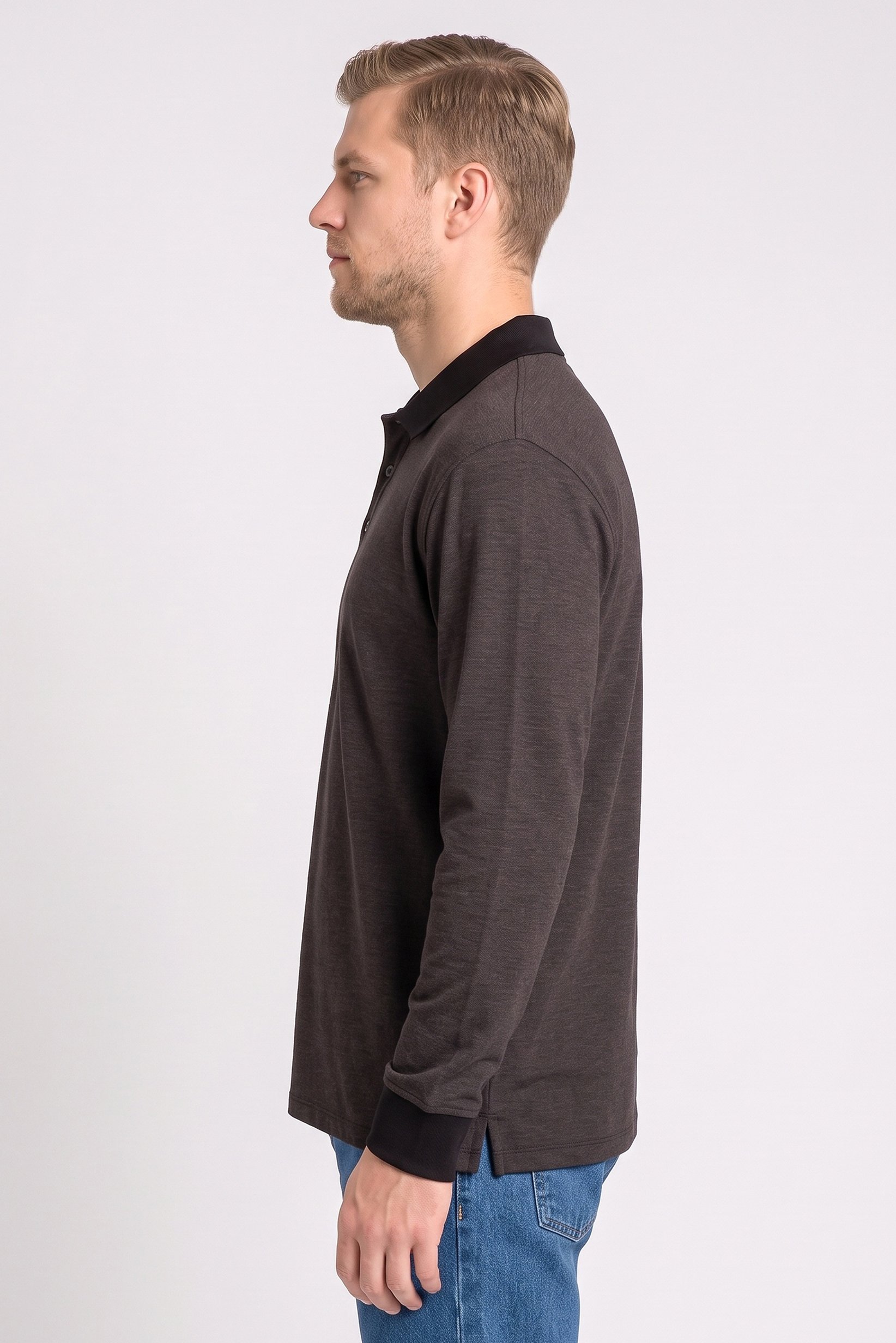 Men Regular Fit Long Sleeve Plain Polo Shirt, Black
