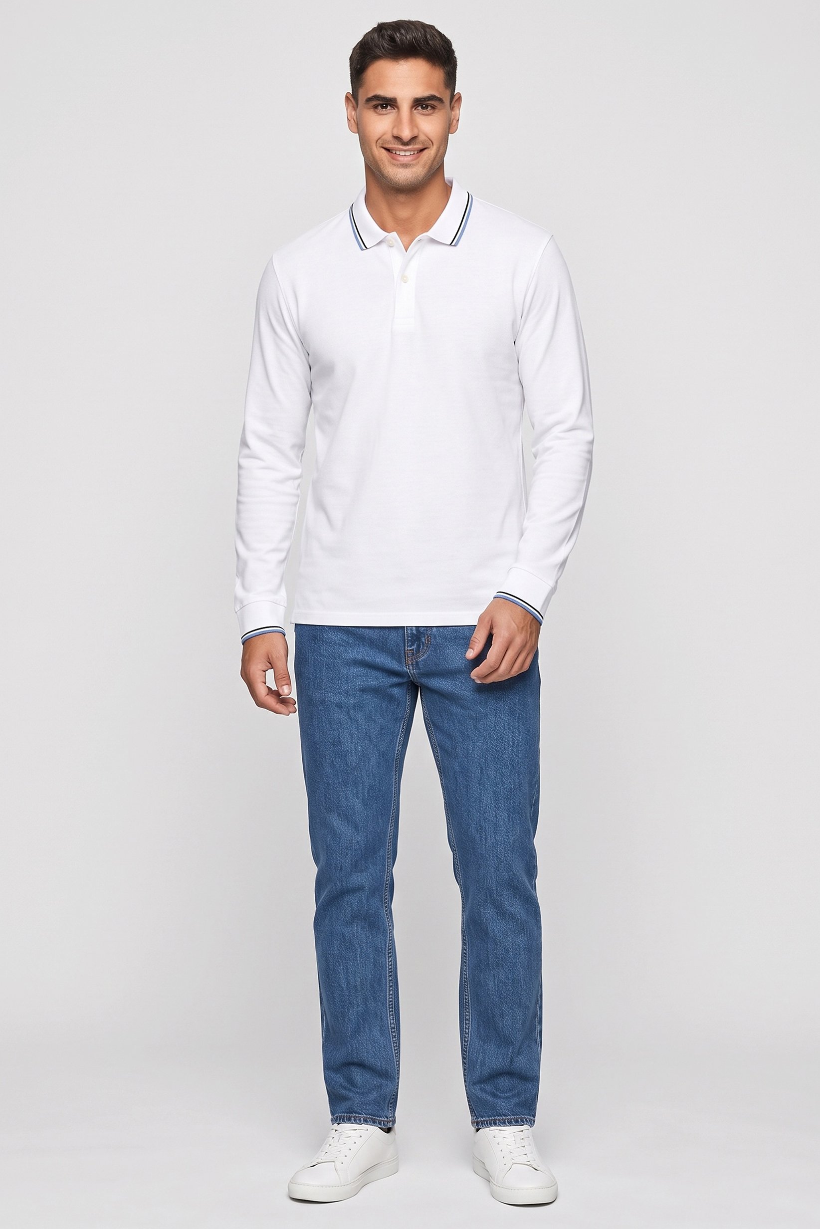 Men Regular Fit Long Sleeve Plain Polo Shirt, White