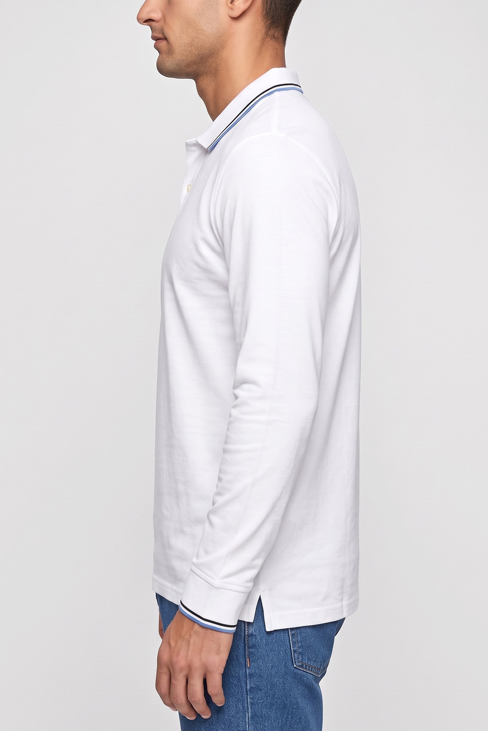 Men Regular Fit Long Sleeve Plain Polo Shirt, White