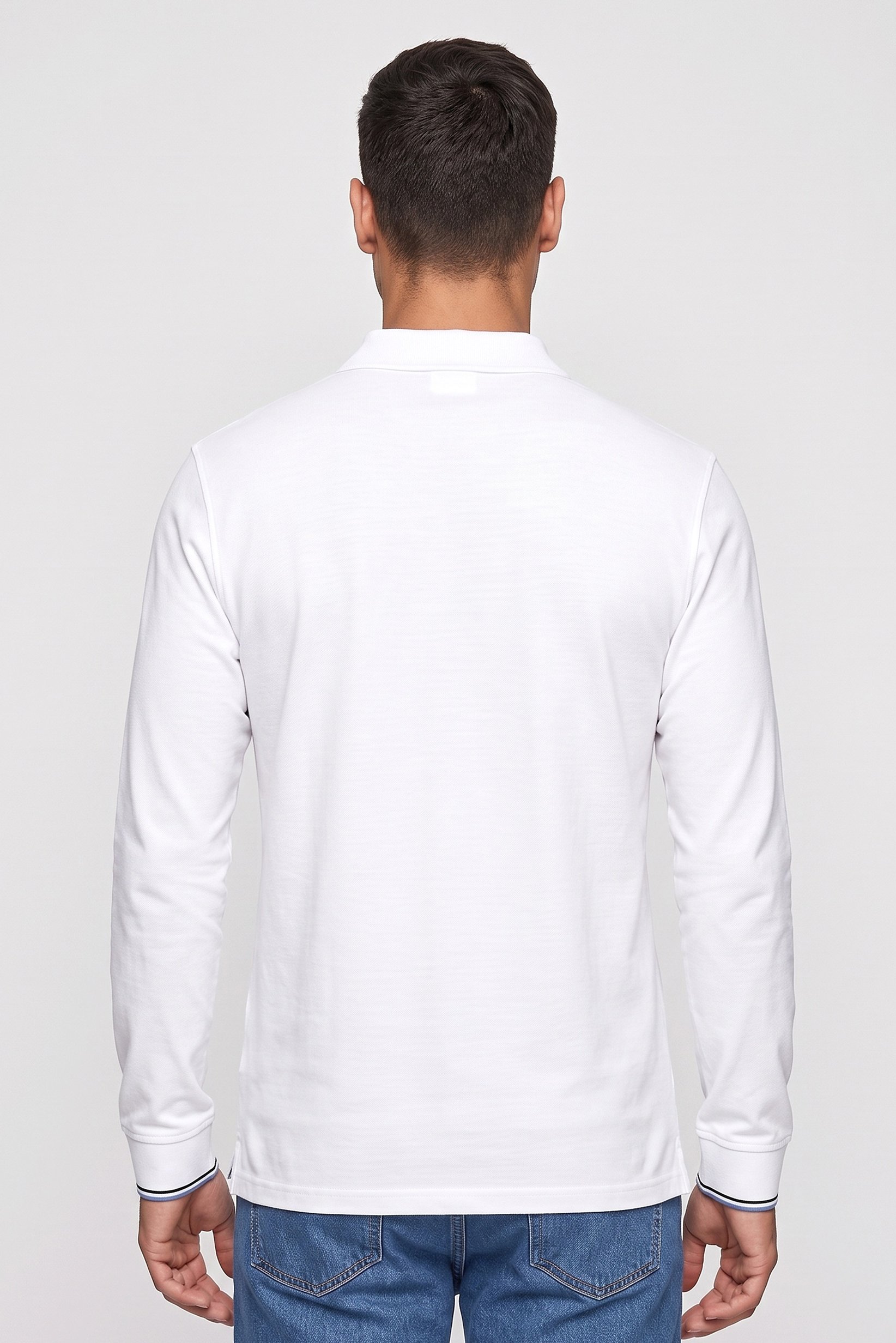 Men Regular Fit Long Sleeve Plain Polo Shirt, White