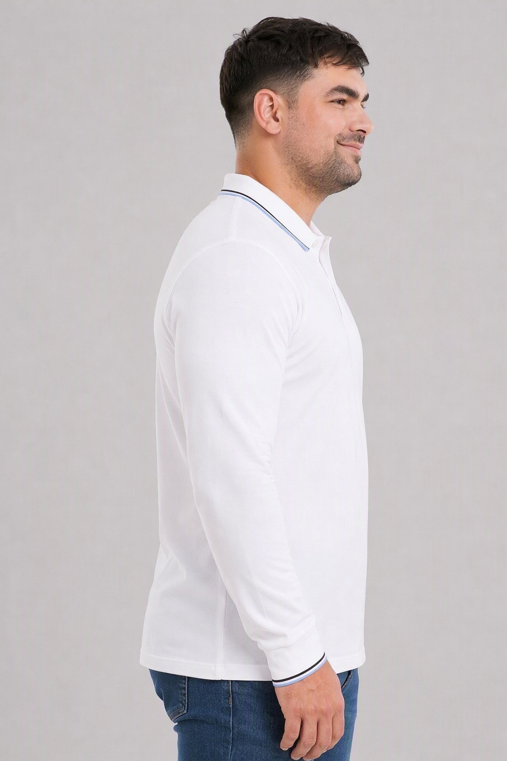 Men Regular Fit Plain Long Sleeve Polo Shirt, White