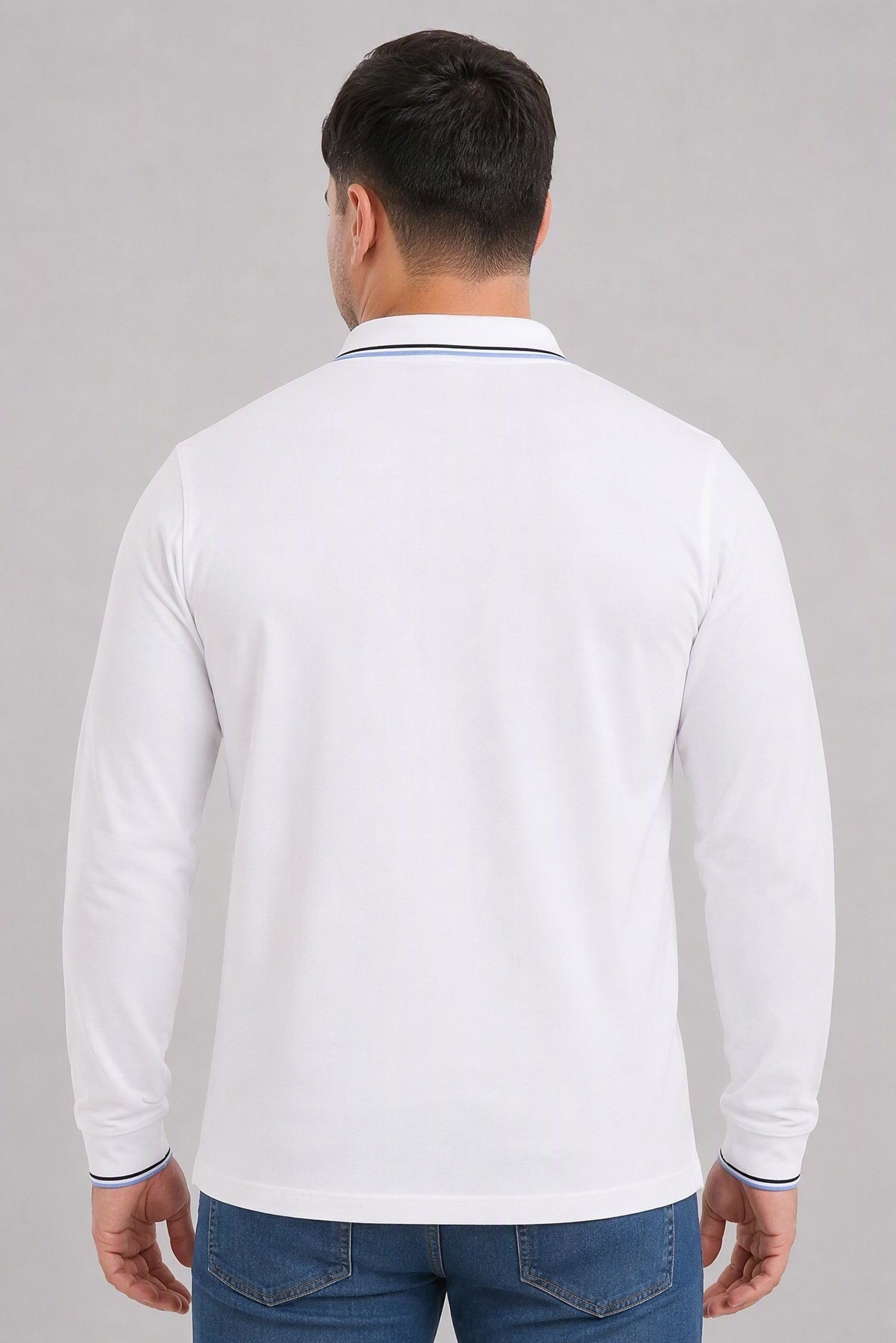 Men Regular Fit Plain Long Sleeve Polo Shirt, White
