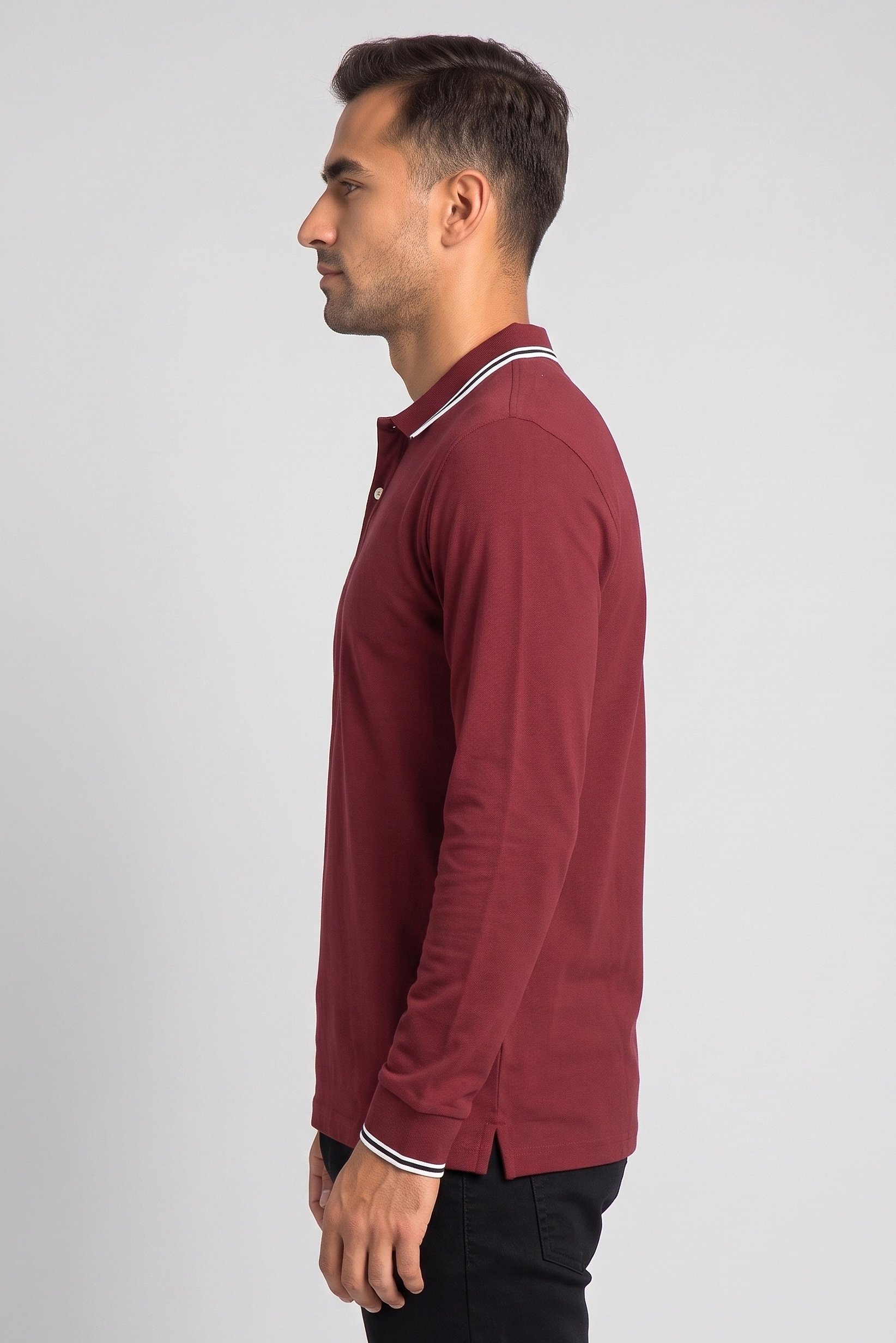 Men Regular Fit Long Sleeve Plain Polo Shirt, Maroon