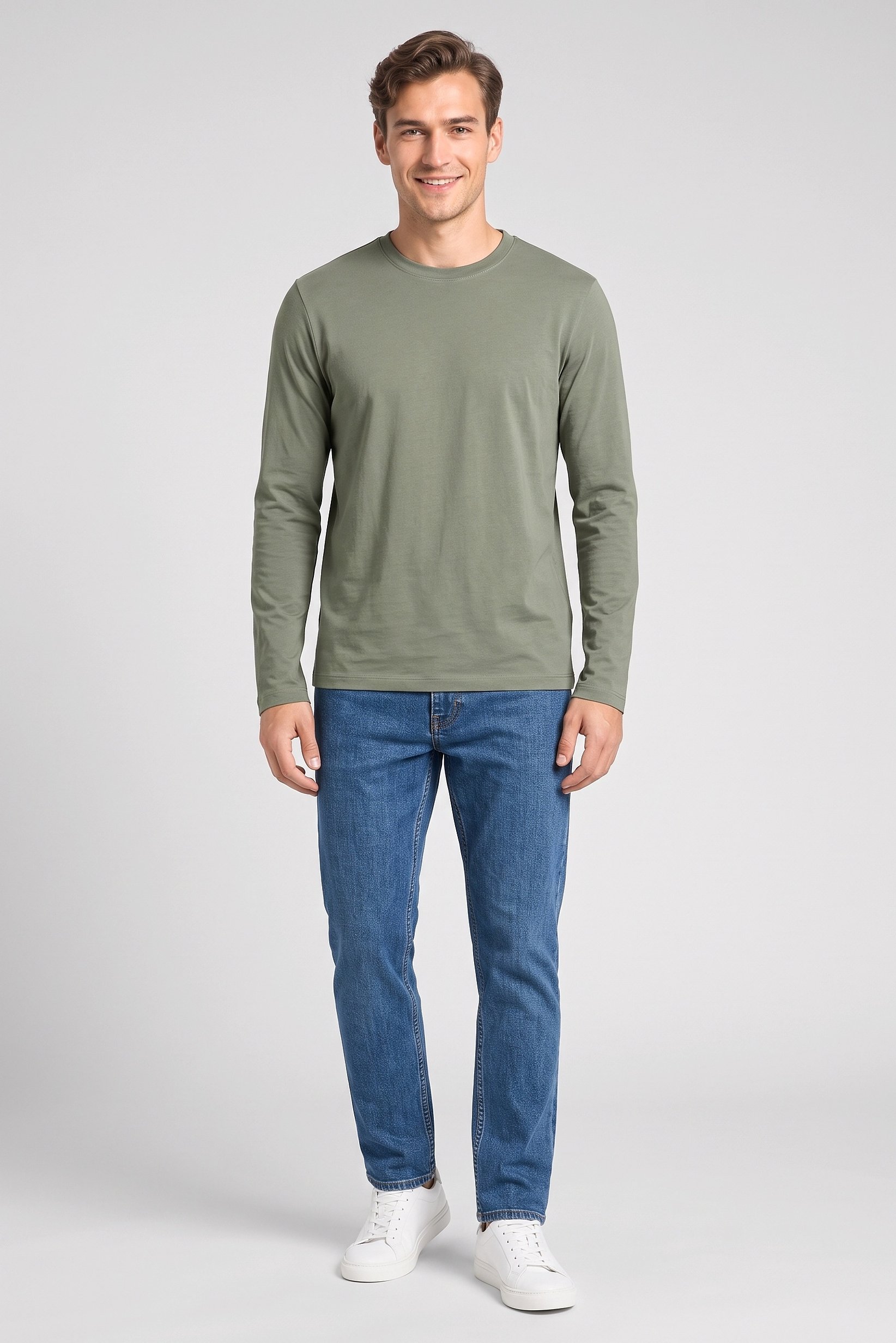 Men Crew Neck Long Sleeve Plain T-Shirt, Olive