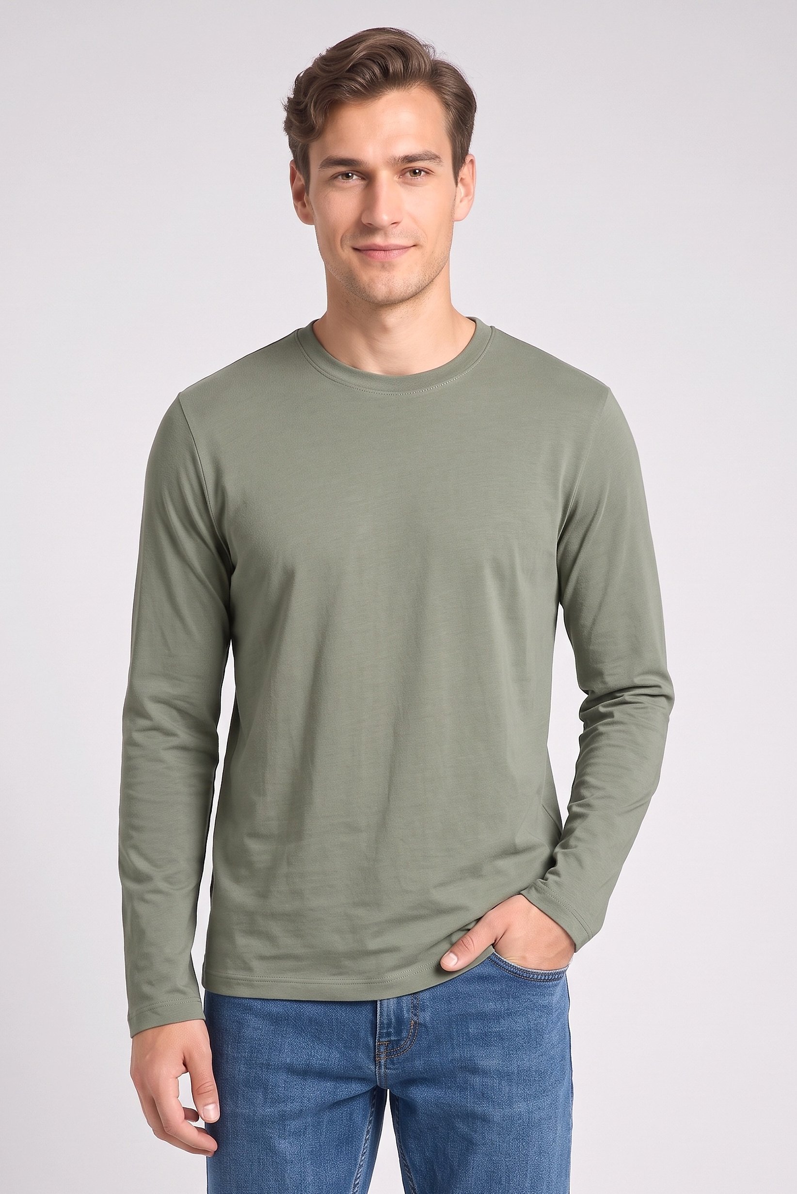 Men Crew Neck Long Sleeve Plain T-Shirt, Olive
