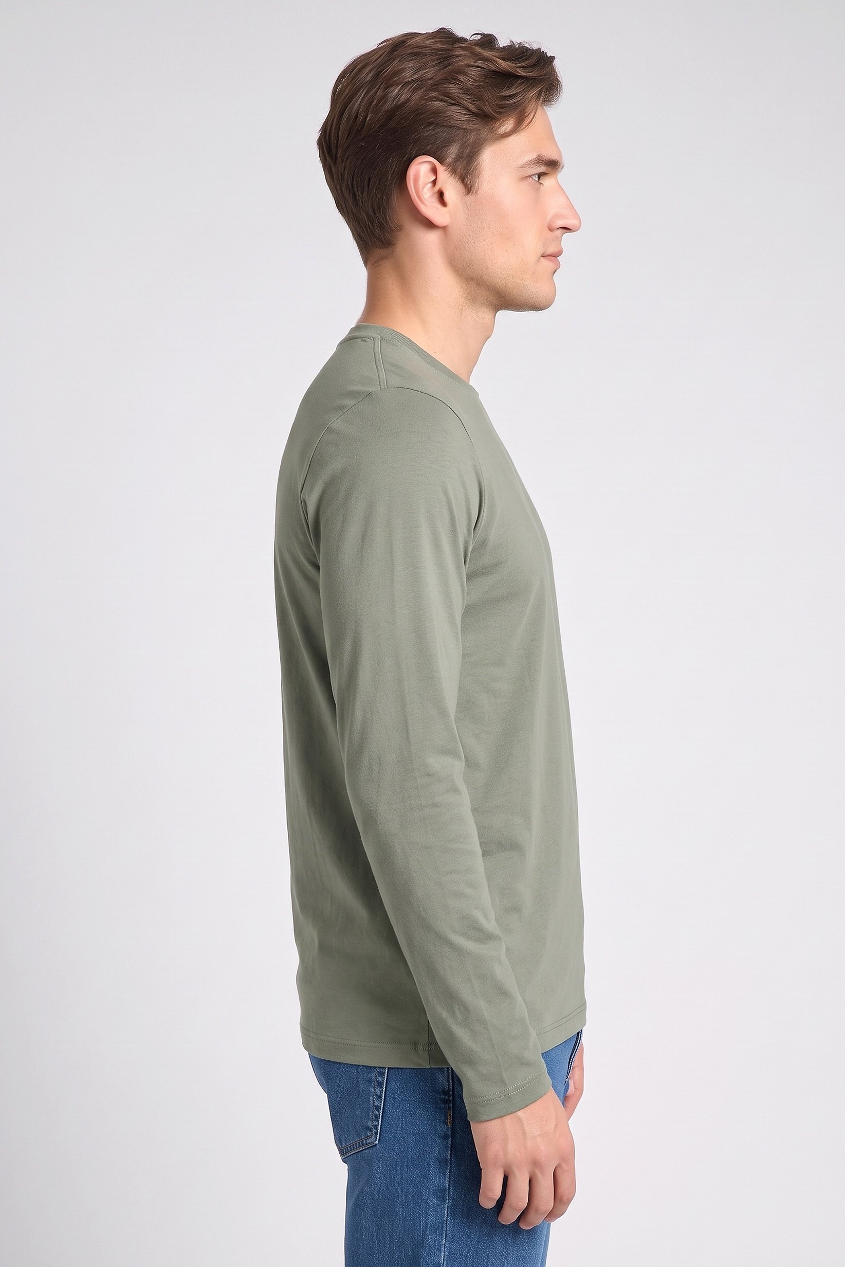 Men Crew Neck Long Sleeve Plain T-Shirt, Olive