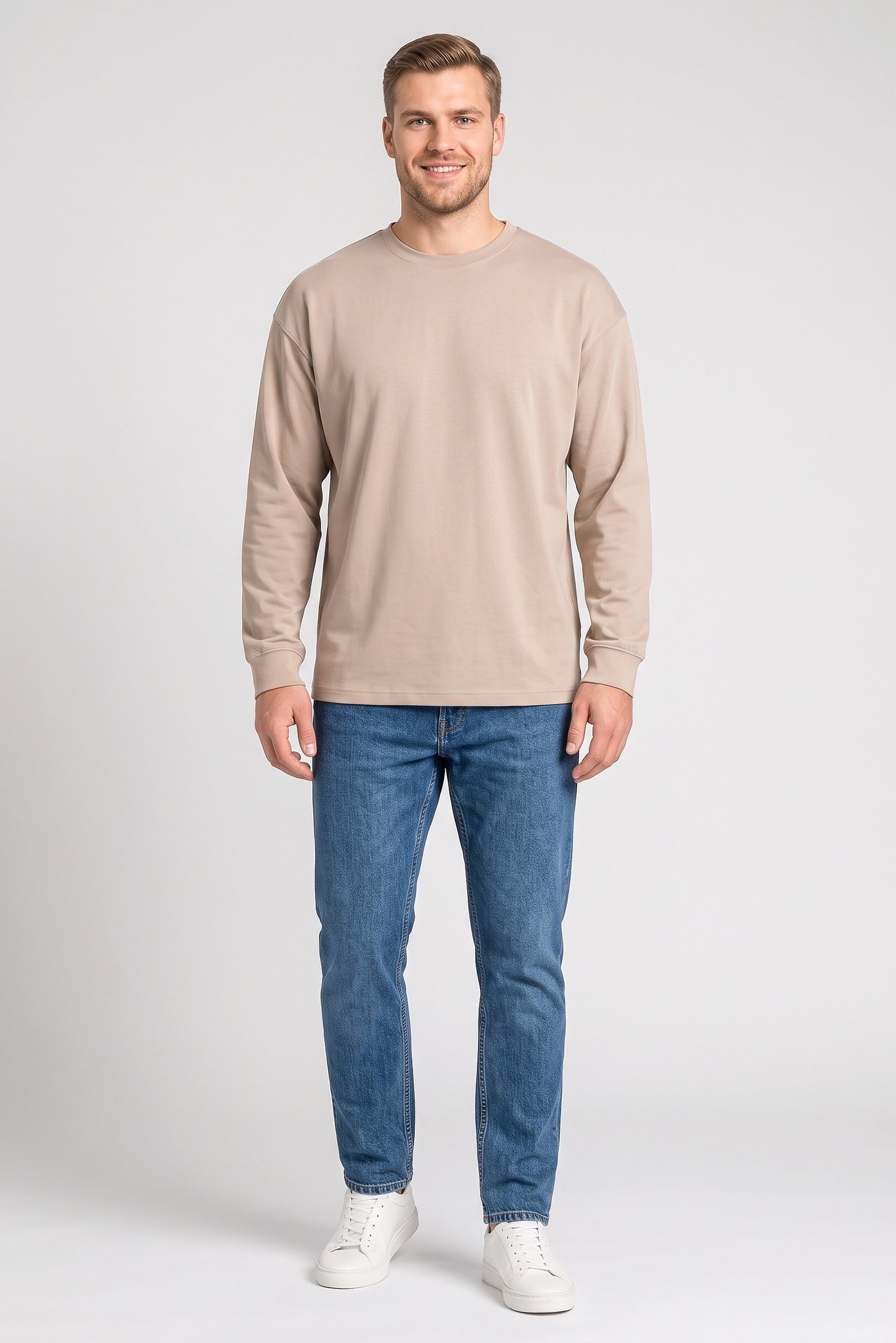 Men Crew Neck Long Sleeve Solid Sweatshirt, Taupe