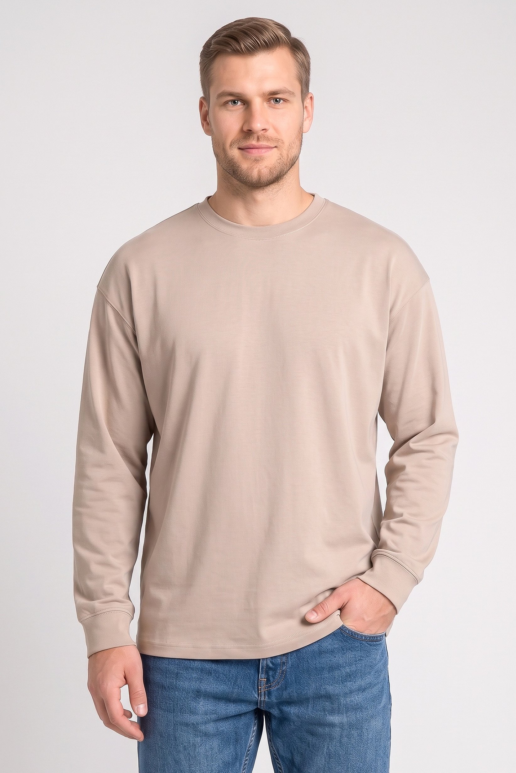 Men Crew Neck Long Sleeve Solid Sweatshirt, Taupe
