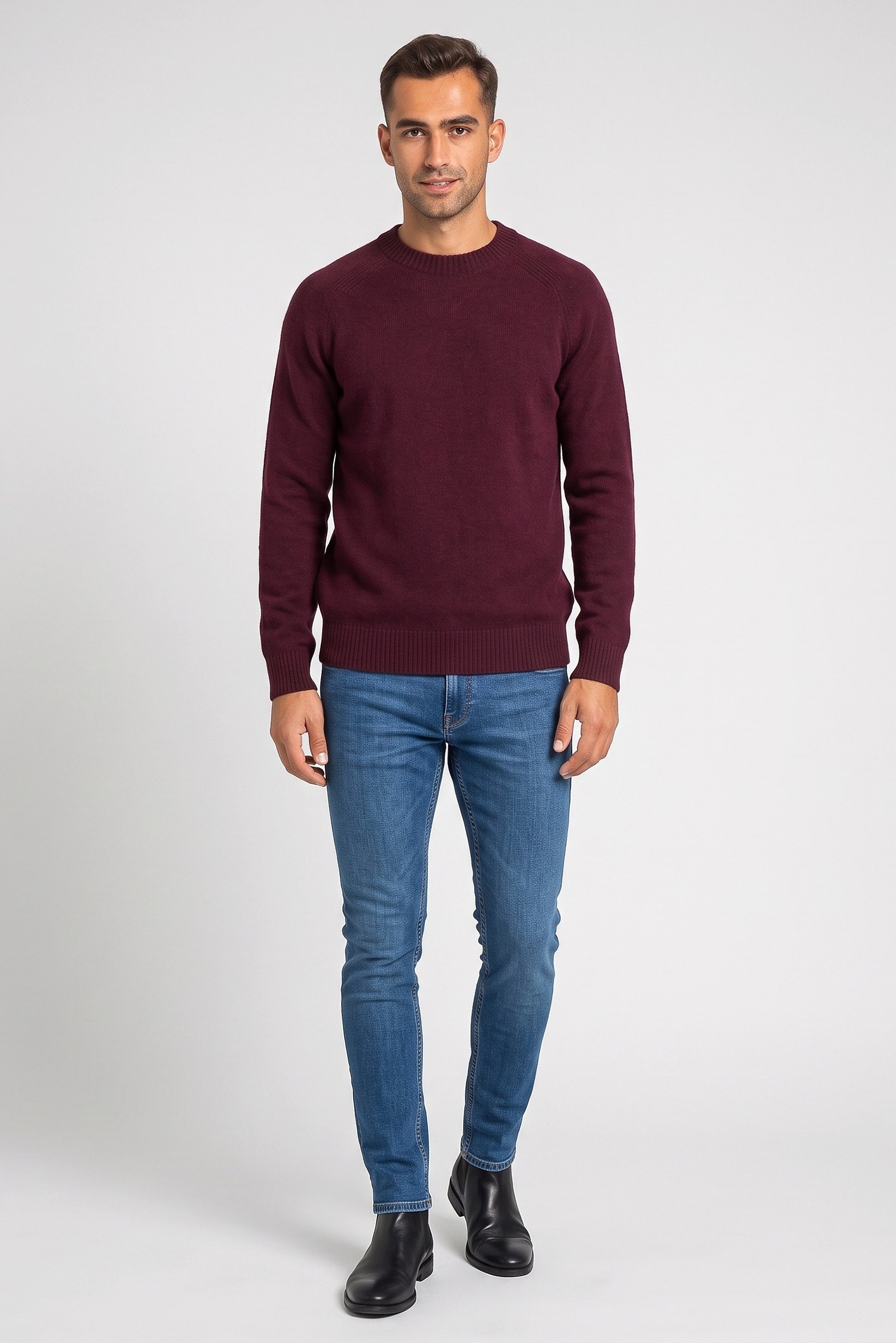 Men Crew Neck Knitted Sweater, Maroon
